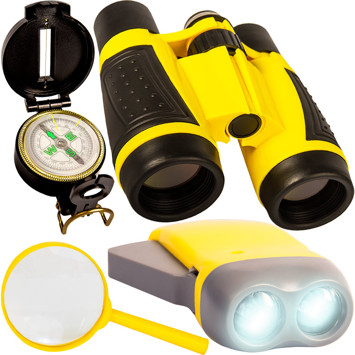 Outdoor Adventure Kit for Kids - Binoculars, Compass, Flashlight, Magnifying Glass. Young Children Explorer Camping Toy Set. Fun Backyard Nature Exploration Toys for Boys and Girls Ages 3 to 10