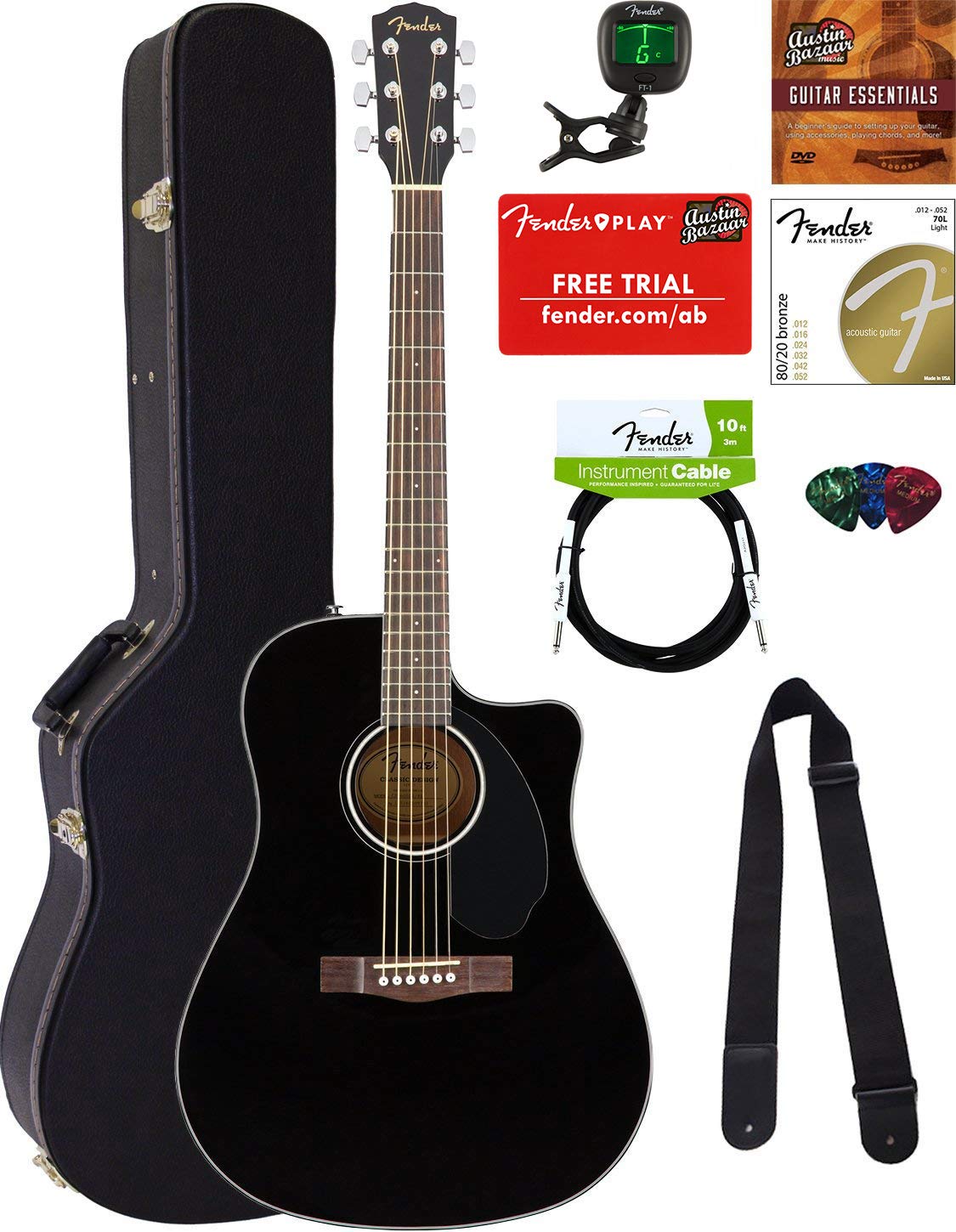 Fender CD-60SCE Dreadnought Acoustic-Electric Guitar - Black Bundle with Hard Case, Tuner, Strap, Strings, Picks, Instructional DVD, Polishing Cloth