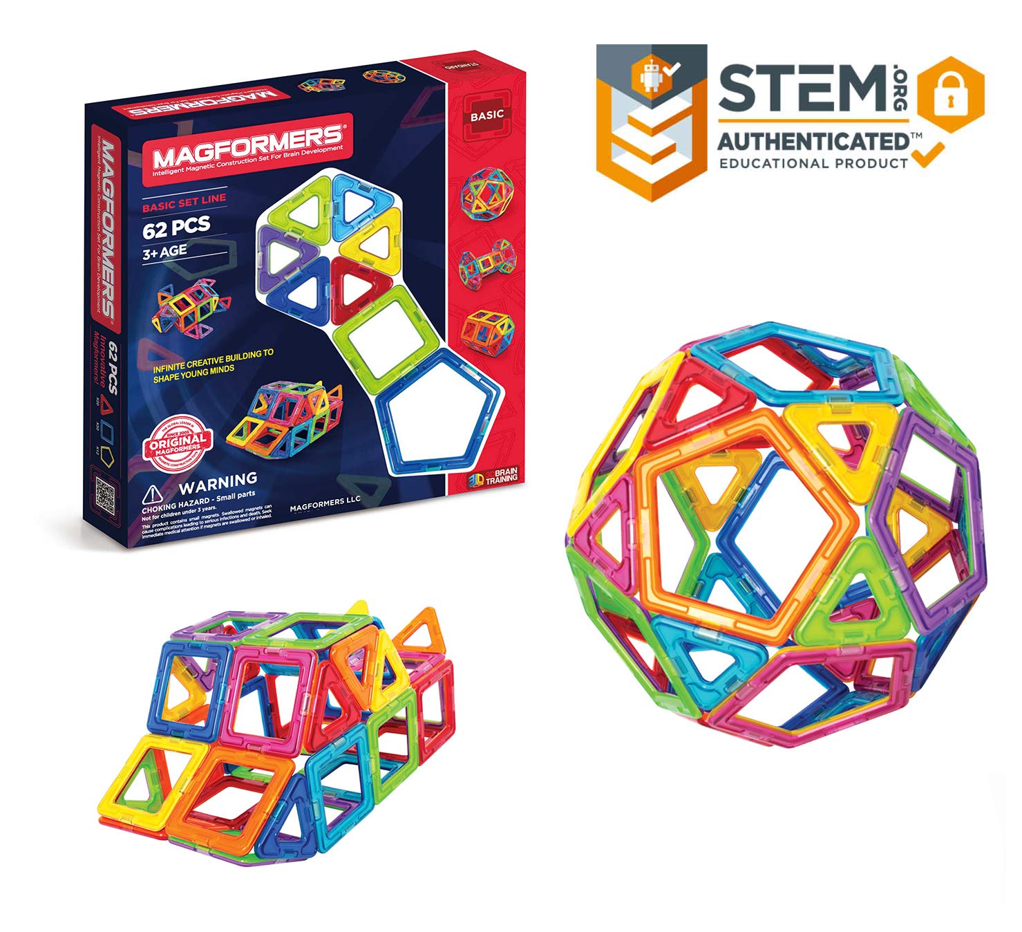 Magformers Basic Set (62-Pieces) Magnetic Building Blocks, Educational Magnetic Tiles, Magnetic Building STEM Toy
