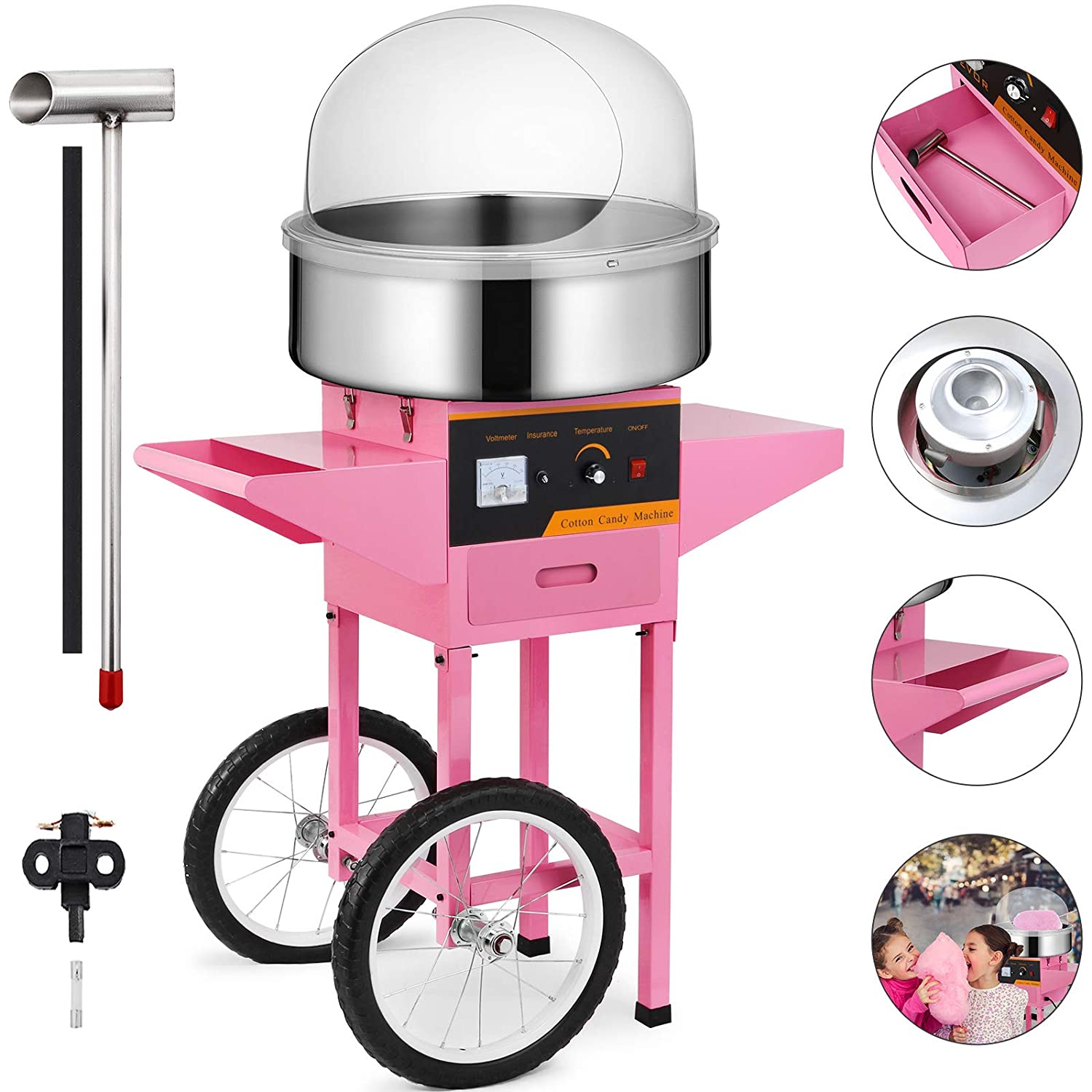 Happybuy Electric Candy Floss Maker 20.5 Inch Cotton Candy Machine with Cart and Cover 1030W for Various 