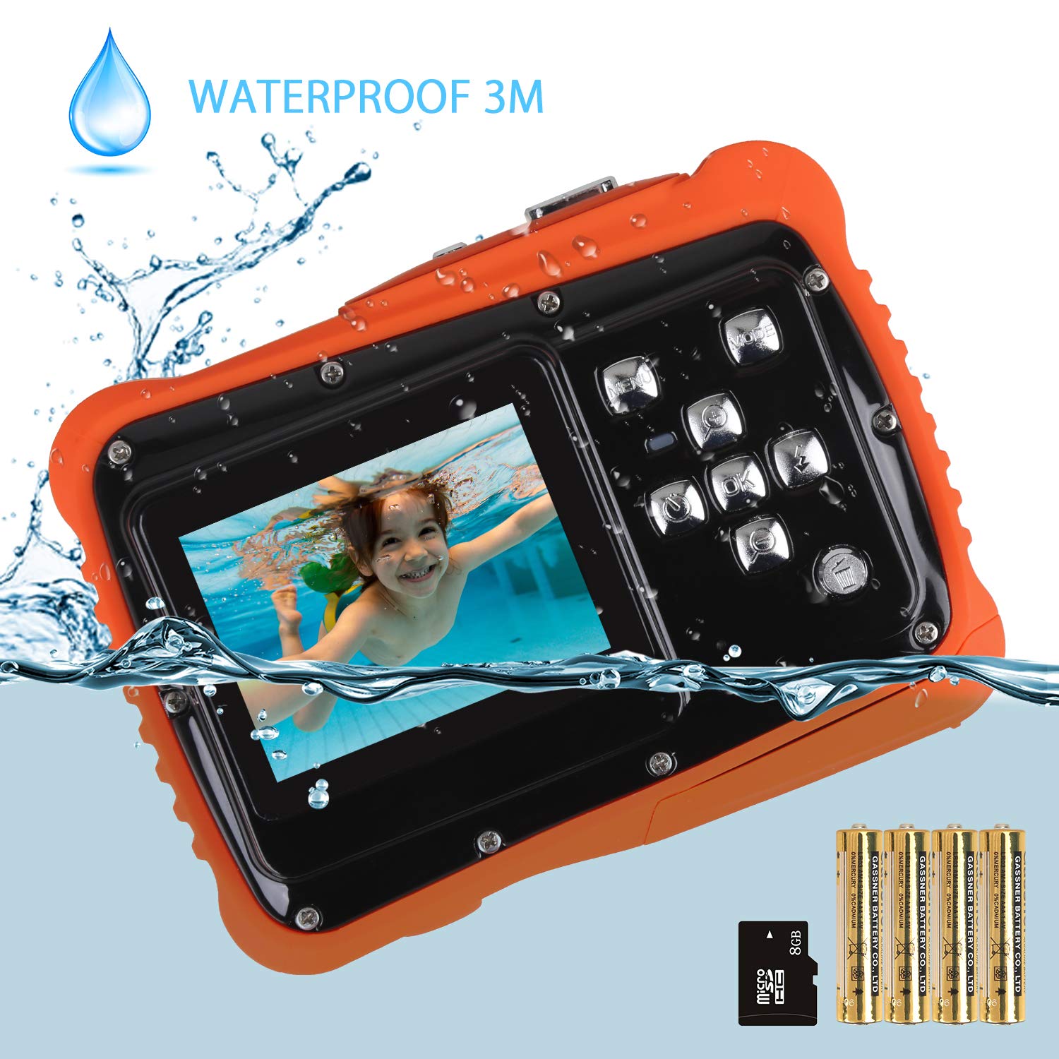 Kids Camera, Digital Waterproof Camera for Children with 3M Waterproof, 2 Inch LCD Screen, 12MP HD Resolution, 8X Digital Zoom and Flash 
