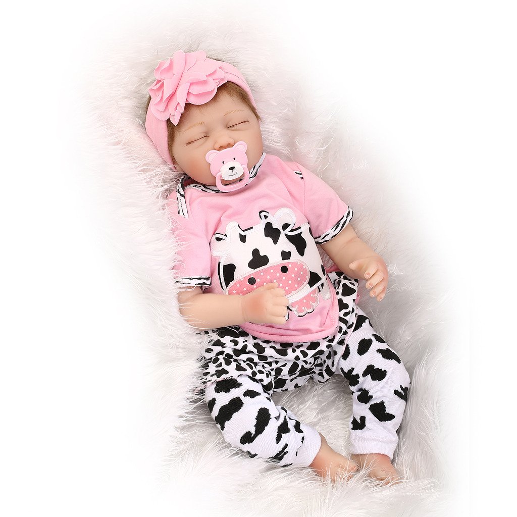 Nicery Reborn Baby Doll Soft Simulation Silicone Vinyl 22inch 55cm Magnetic Mouth Lifelike Boy Girl Toy Pink White Dairy Cow