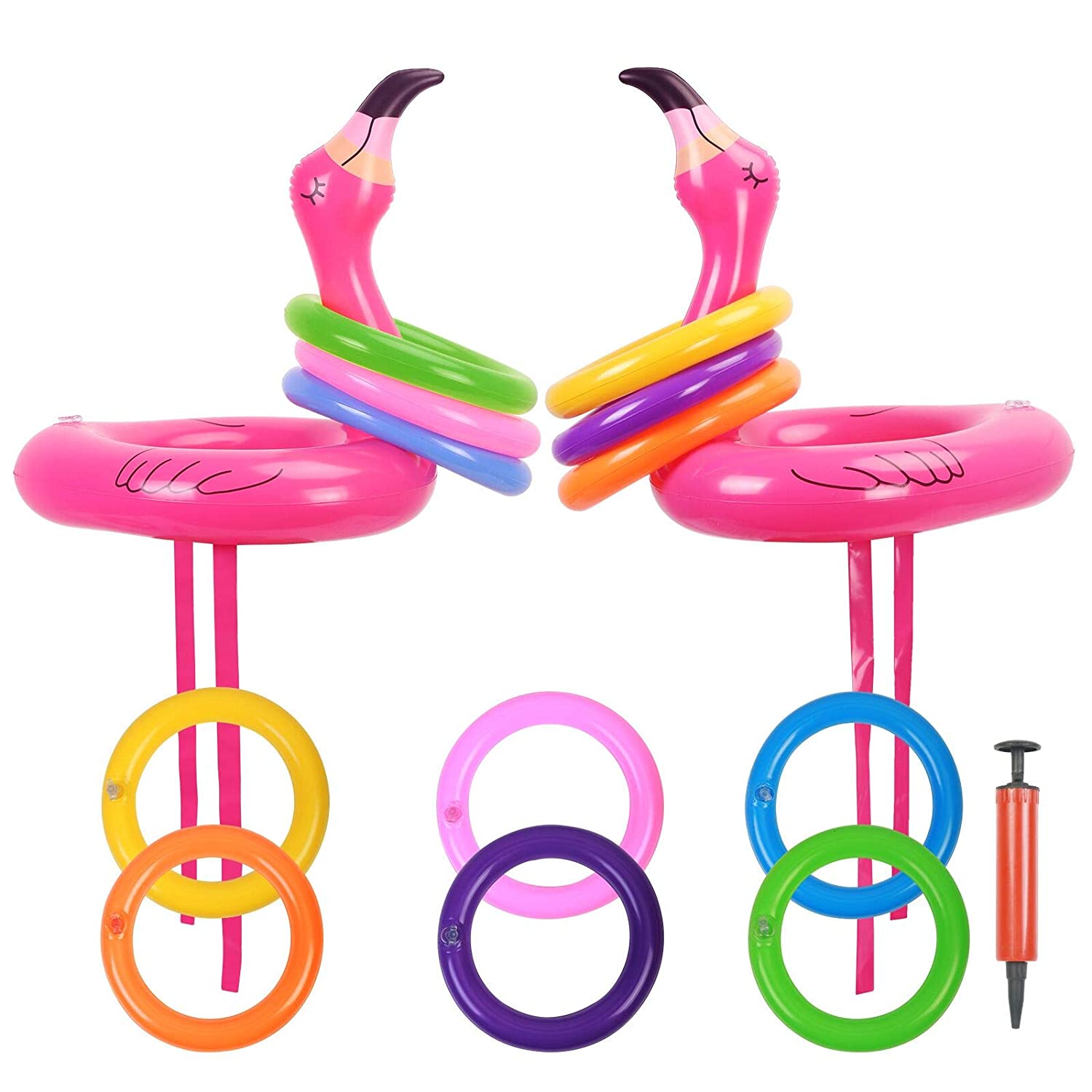 KATOOM Inflatable Flamingo Ring Toss Game 2 Pcs Inflatable Flamingo Hat Pool Toys Party Decoration with 12 pcs Floating Swimming Rings for Kids and Adult Family Party Game Water Fun
