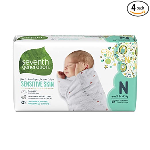 Seventh Generation Baby Diapers, Free and Clear for Sensitive Skin, with Animal Prints, Newborn, 36 Count