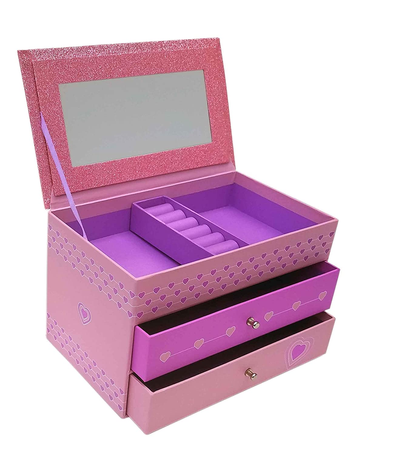 Jewelry Box for Girls - Pink and Purple Sparkles with Hearts and Pink and Purple Trim