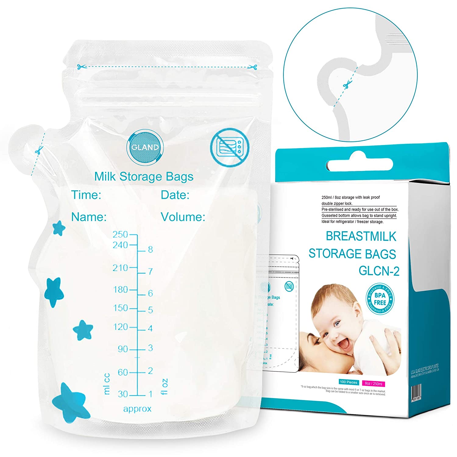 GLAND Breastmilk Storage Bags Easy Pour Spout 100 Count, Pre-Sterilized BPA Free