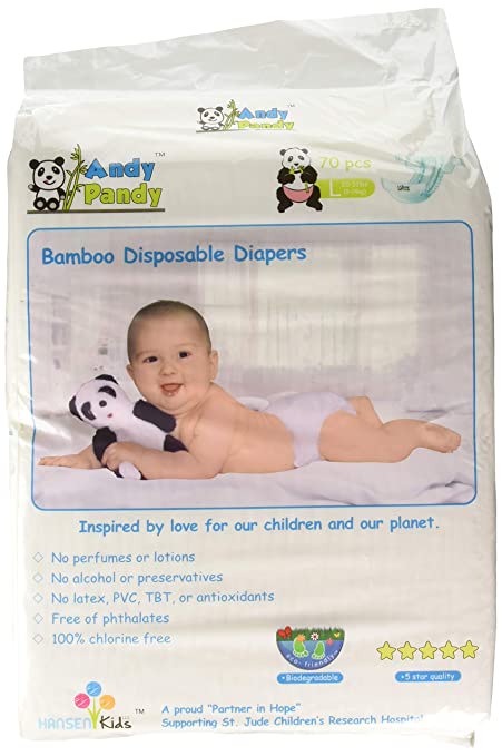 Eco Friendly Premium Bamboo Disposable Diapers by Andy Pandy - Large - for Babies Weighing 20-31 lbs - 70 Count