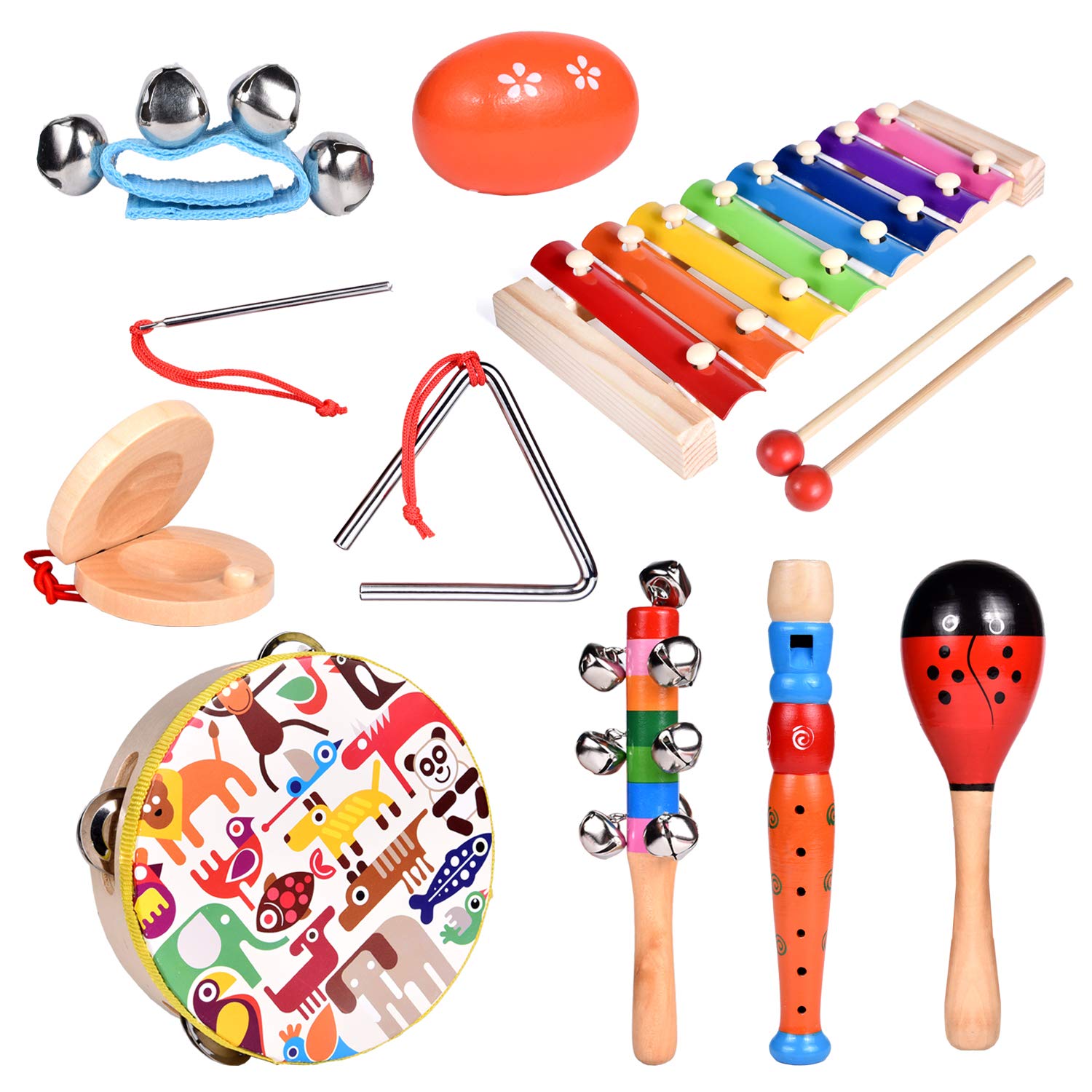 Toddler Musical Instrument Toy Set-12Pcs Wooden Percussion Toys Including Tambourine