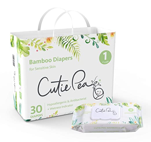 Eco-Friendly Bamboo Diapers & Wipes Bundle by Cutie Pea (90 Diapers + 225 Wipes). Disposable, Super Soft, Biodegradable, Hypoallergenic, Fragrance Free with Wetness Indicator (Size 1: 7-17 lbs)