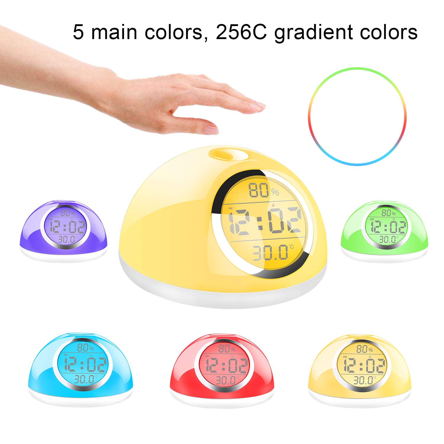 Sunrise Wake-up light alarm clock, Kids alarm clock, Heavy Sleepers alarm clock, gesture-sensing 5 main lights gradually change, three-stage piano music alarm, snooze function, Bedroom, Students alarm