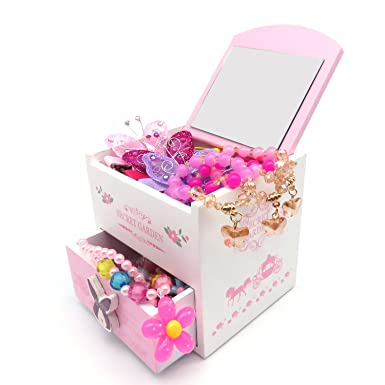 Elesa Miracle Little Girl Kids Wood Jewelry Box and 75 Pieces Girl Princess Jewelry Dress Up Accessories Toy Playset Set