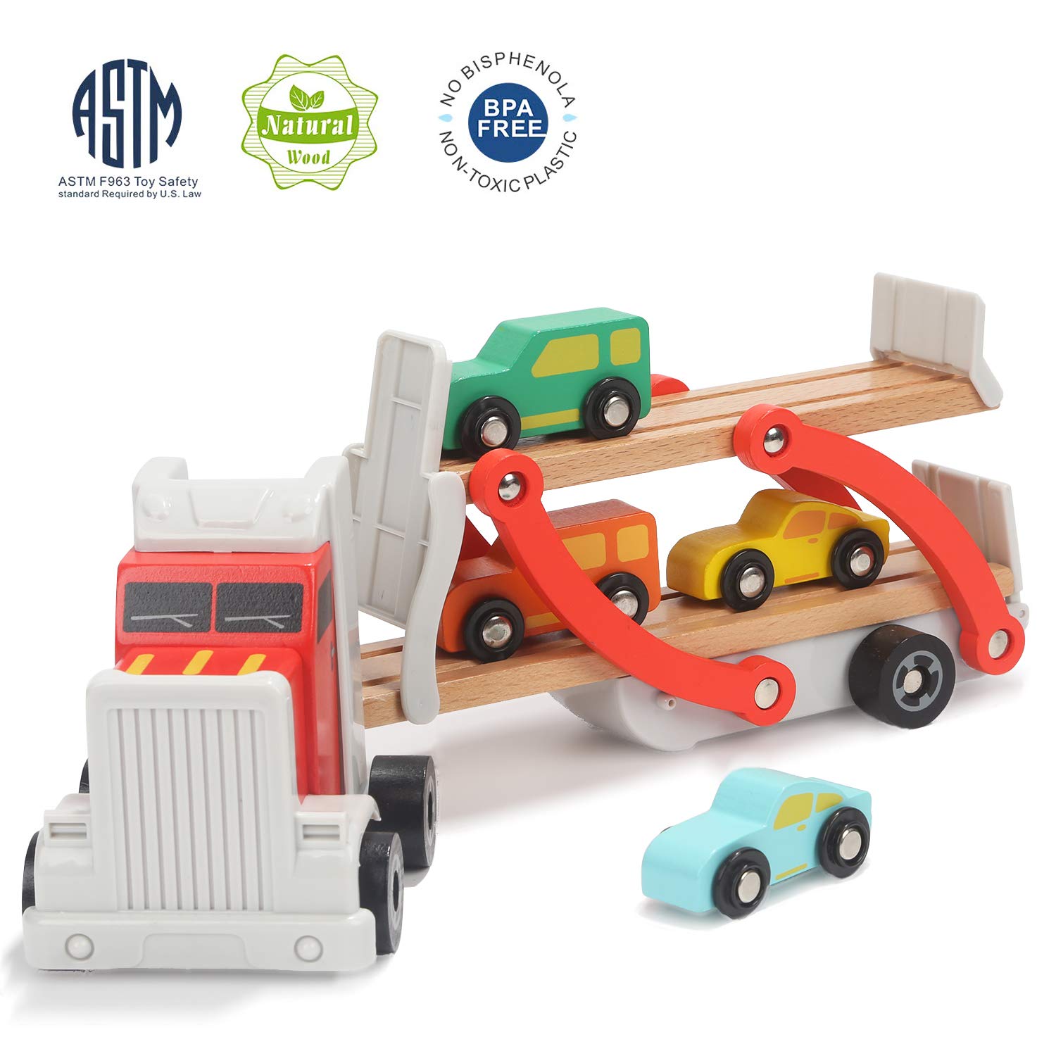 TOP BRIGHT Wooden Car Toys for 2 3 Year Old Boy Gifts Toddler Boys Truck and Car Ramp Toy with 4 Mini Cars