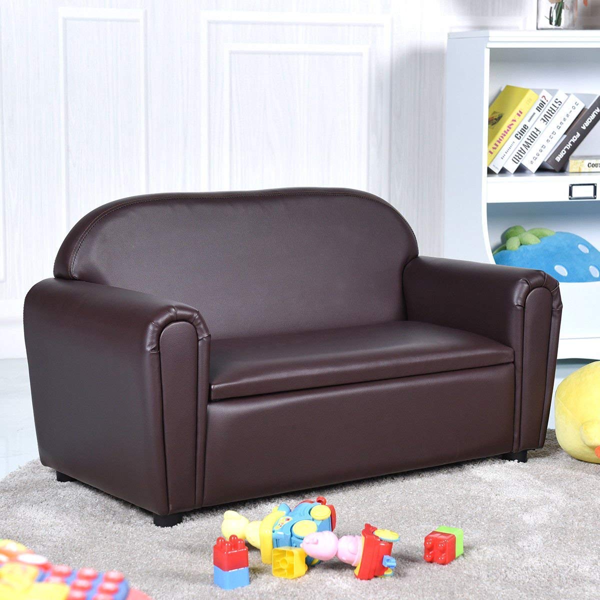 Costzon Kids Sofa, Upholstered Couch, Sturdy Wood Construction, Armrest Chair for Preschool Children, Couch with Storage Box