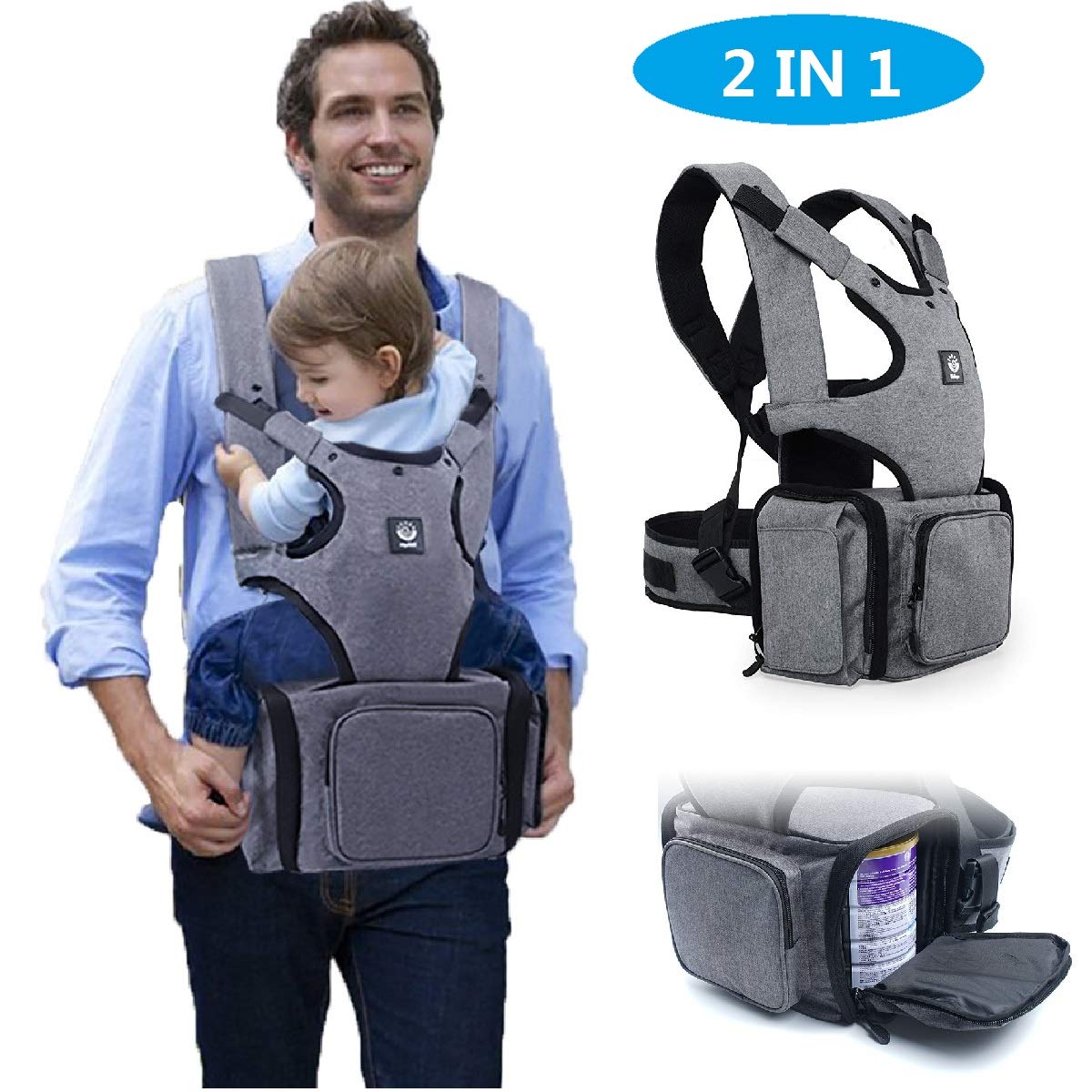 AUCOS Baby Carrier with Hip Seat - 2 in 1 Ergonomic Baby Sling Carrier and Dipers Bag Backpack Carrier