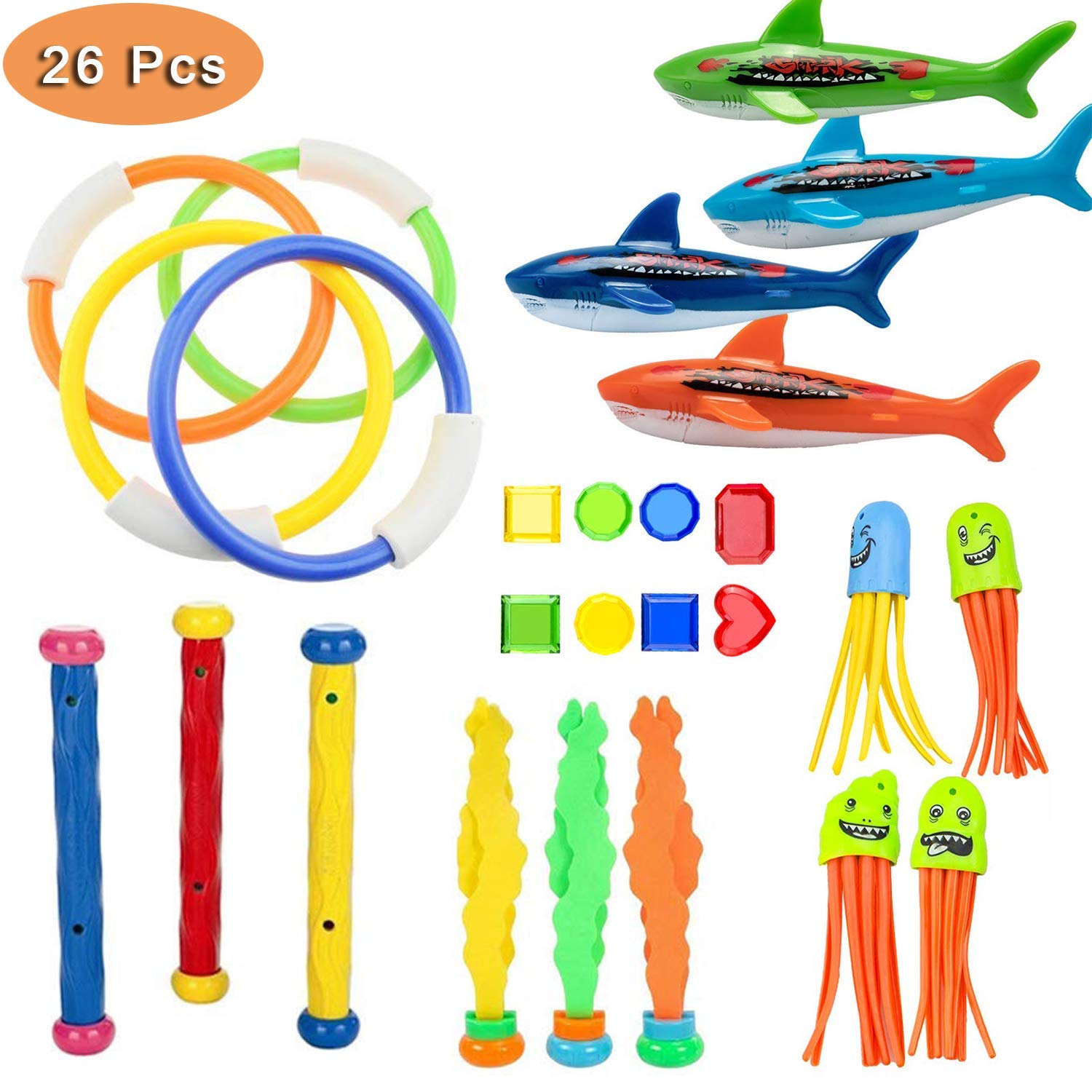 Diving Pool Toys - 26 Pcs Underwater Swimming Training Toy (4) Diving Rings, (4) Toypedo Bandits, (4) Stringy Octopus, (3) Diving Toy Balls, (3)Sticks, (8) Pirate Treasures Gift Set Bundle, Ages 3+