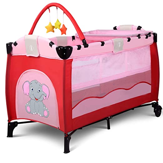 BABY JOY Baby Crib Foldable Playpen Portable Playard Pack Travel Infant Bassinet Bed with 2 Lockable Wheels Diaper Changing Table and Baby Toys (Pink)
