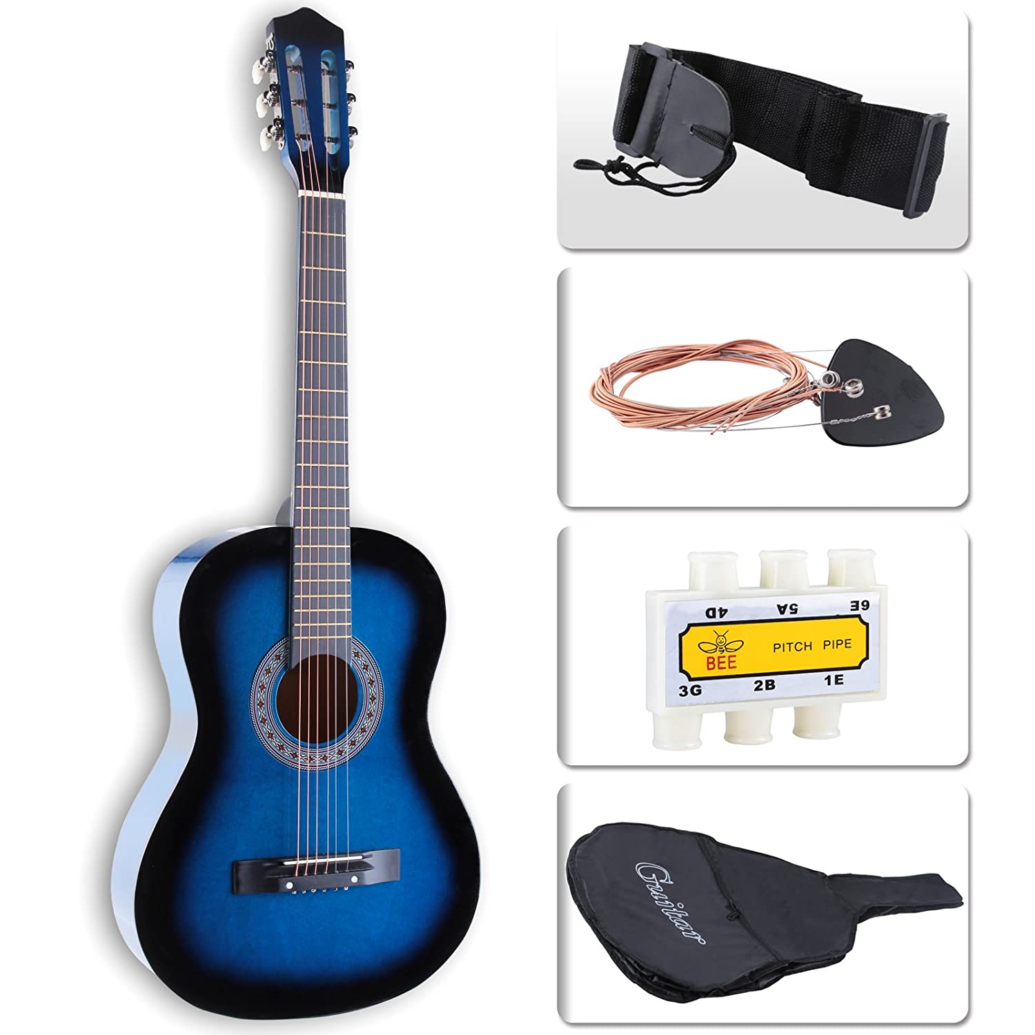 LAGRIMA Acoustic Guitar Beginners with Guitar Case, Strap, Tuner & Pick Steel Strings (Blue)