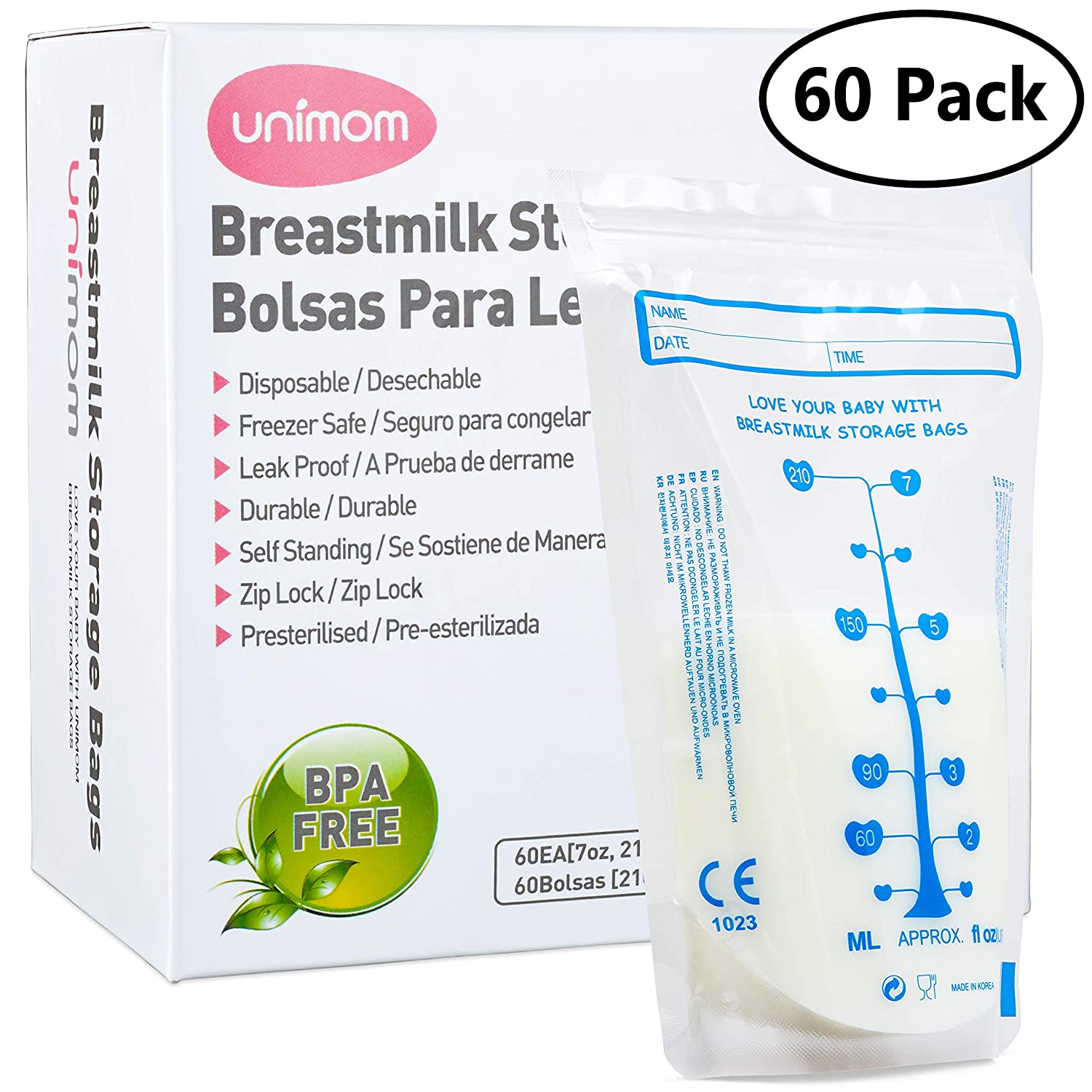 Unimom 60 Breast Milk Storage Bags - Self Standing, Freezer Safe, Leak Proof Zip Top Closure, Pre Sterilized, BPA Free, Marked Measurements