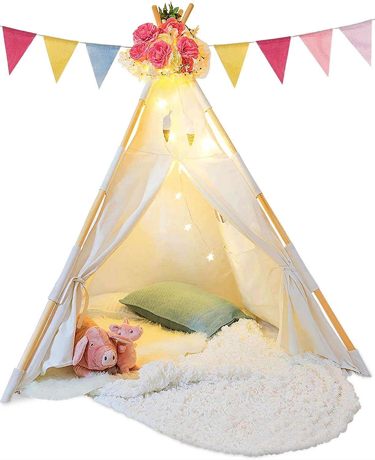 TazzToys Kids Teepee Tent for Kids with Ferry Lights + Feathers + Waterproof Base