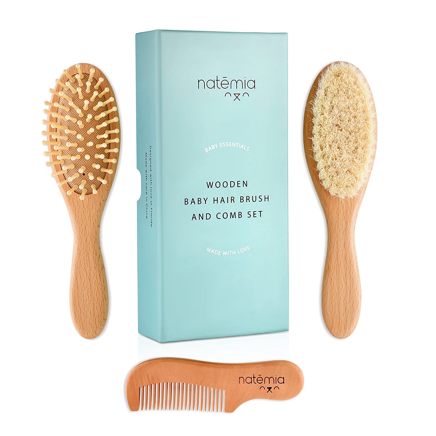Natemia Premium Wooden Baby Hair Brush and Comb Set