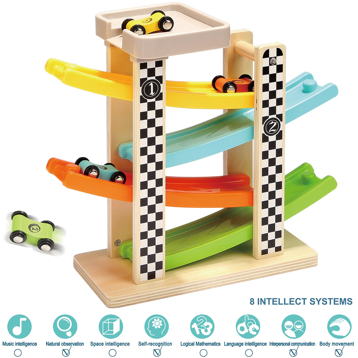 TOP BRIGHT Toddler Toys For 1 2 Year Old Boy And Girl Gifts Wooden Race Track Car Ramp Racer With 4 Mini Cars