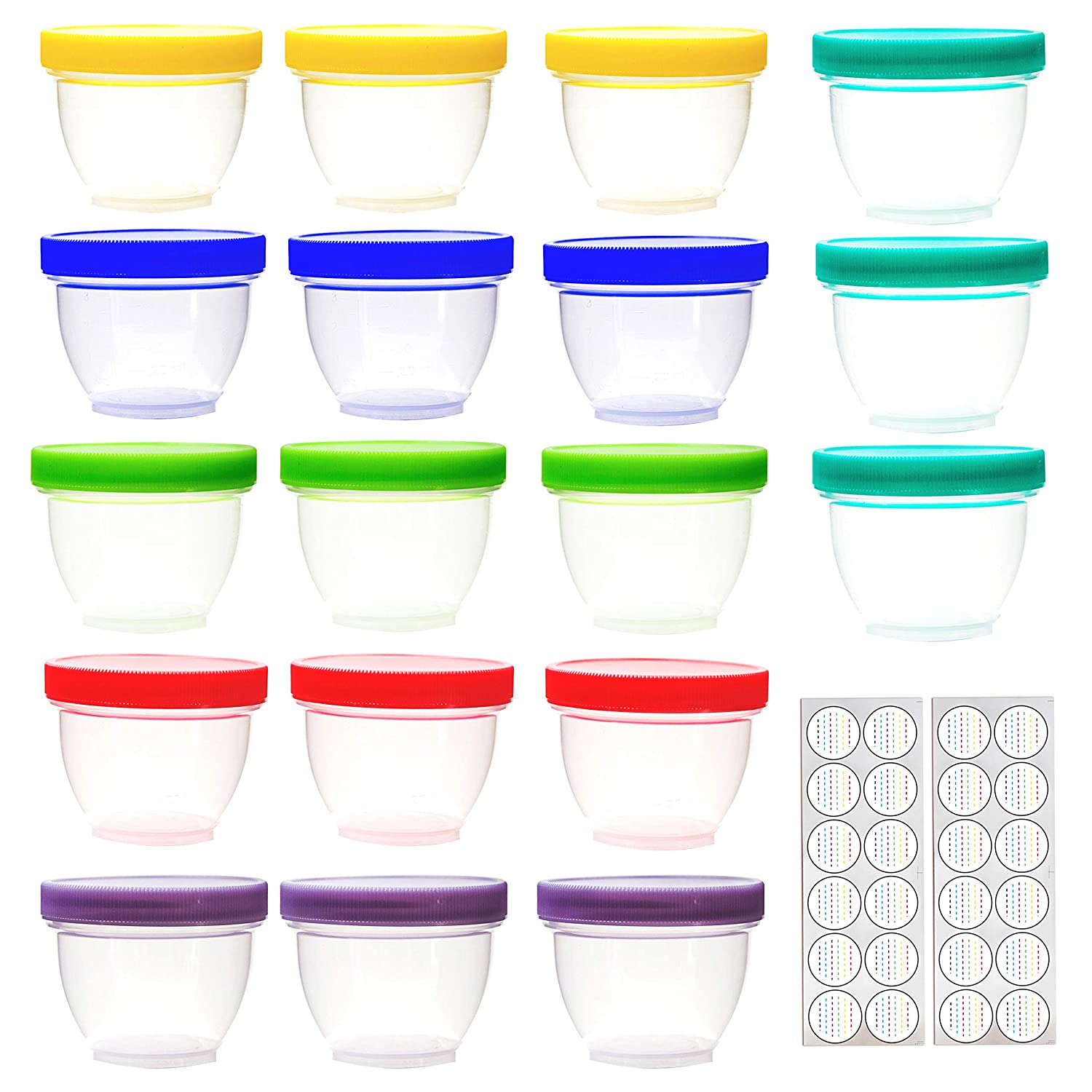 18 Pack Baby Food Storage, 4 Ounce Baby Food Containers with Lids, 6 Assorted Colors, with Lids Labels