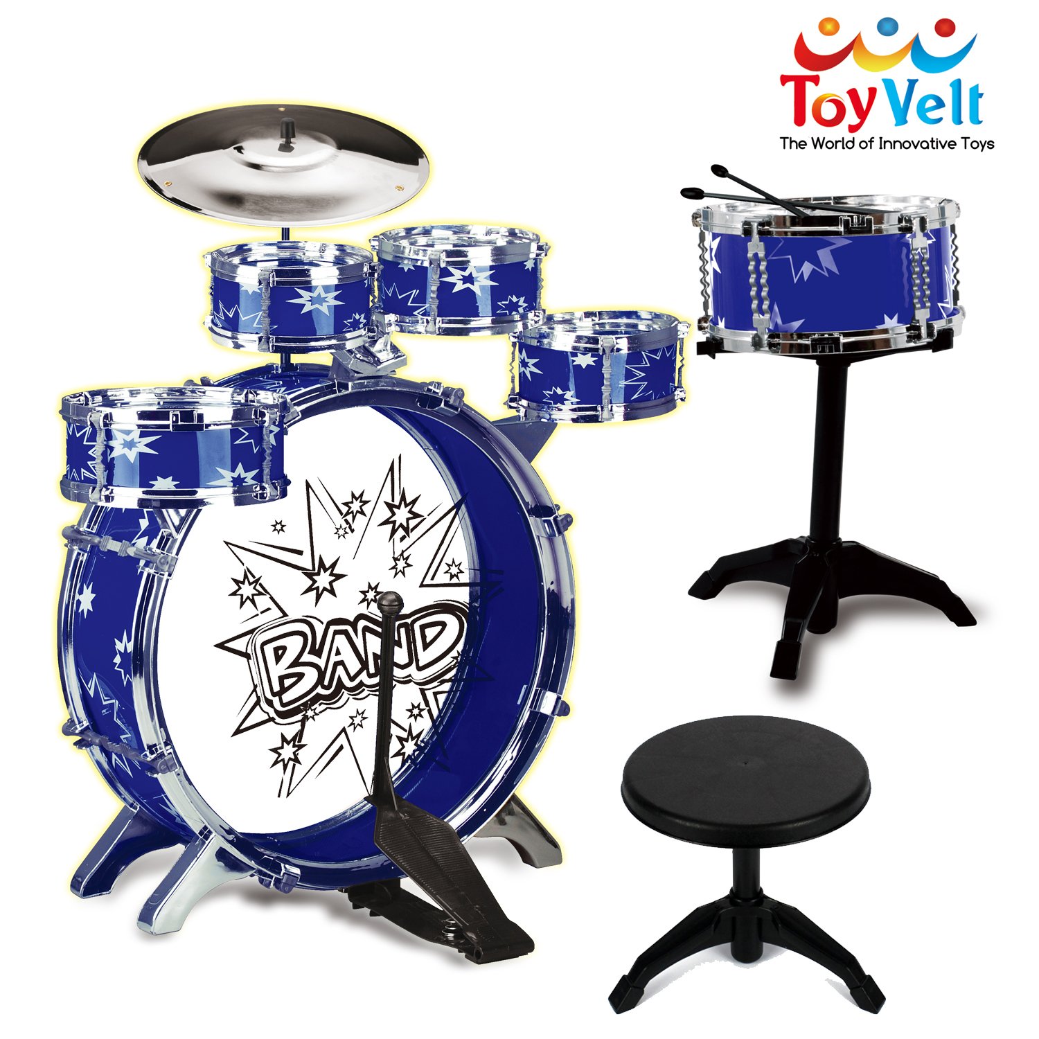 12 Piece Kids Jazz Drum Set – 6 Drums, Cymbal, Chair, Kick Pedal, 2 Drumsticks, Stool – Little Rockstar Kit to Stimulating Children’s Creativity, - Ideal Gift Toy for Kids, Teens, Boys & Girls