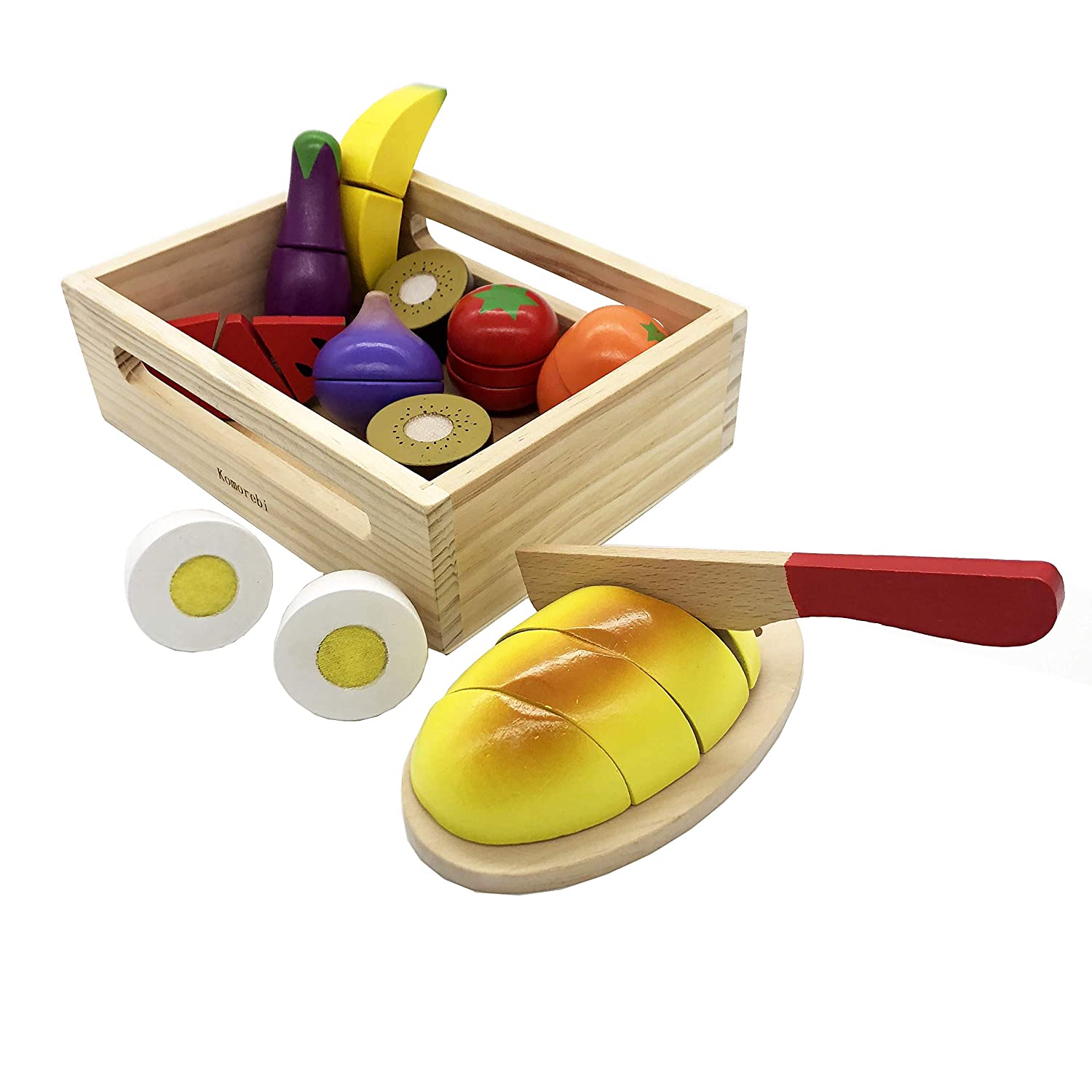 KOMOREBI Play & Cut Food Wooden Preschool Toys Pretend Play Kitchen Set Early Educational Development Toys for 2,3,4,5,6 Year Old Kids Learning Color Fruit and Vegetable Toy Gift for Toddlers