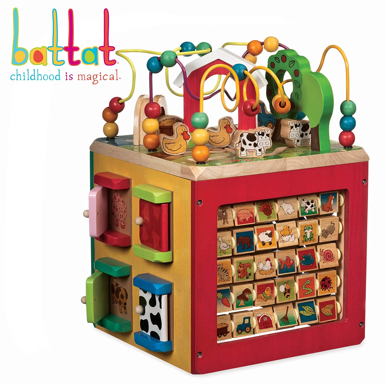 Battat – Wooden Activity Cube – Discover Farm Animals Activity Center for Kids 1 year +