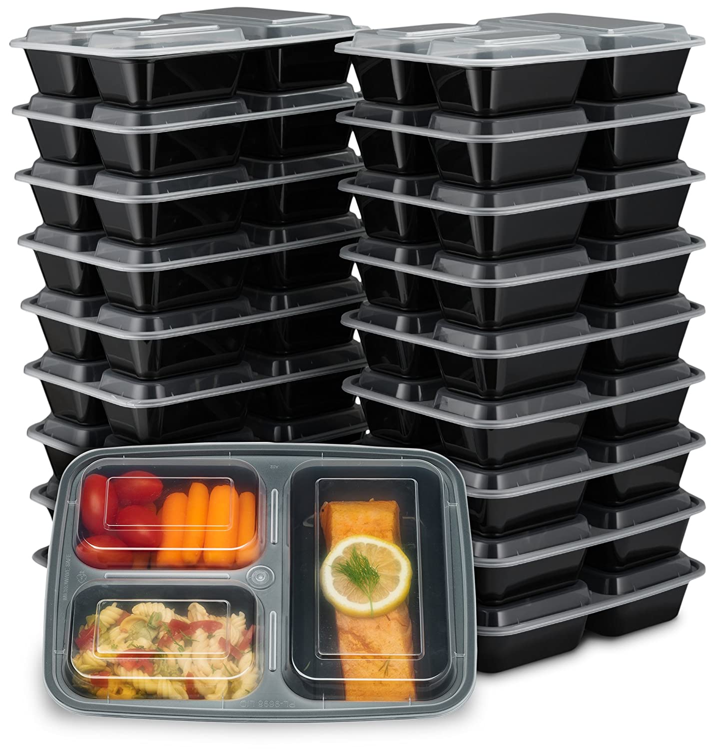 EZ Prepa [20 Pack] 32oz 3 Compartment Meal Prep Containers with Lids - Bento Box - Durable BPA Free Plastic Reusable Food Storage Containers - Stackable, Reusable, Microwaveable & Dishwasher Safe