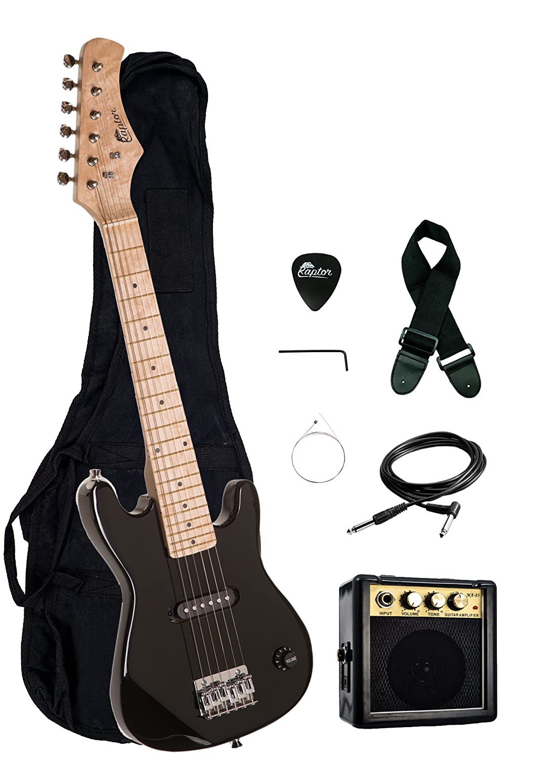 30" Kids 1/2 Size ULTIMATE Electric Guitar Package with 3W Amp, Gig Bag, Strap, Cable and Exclusive RAPTOR Picks (Black)
