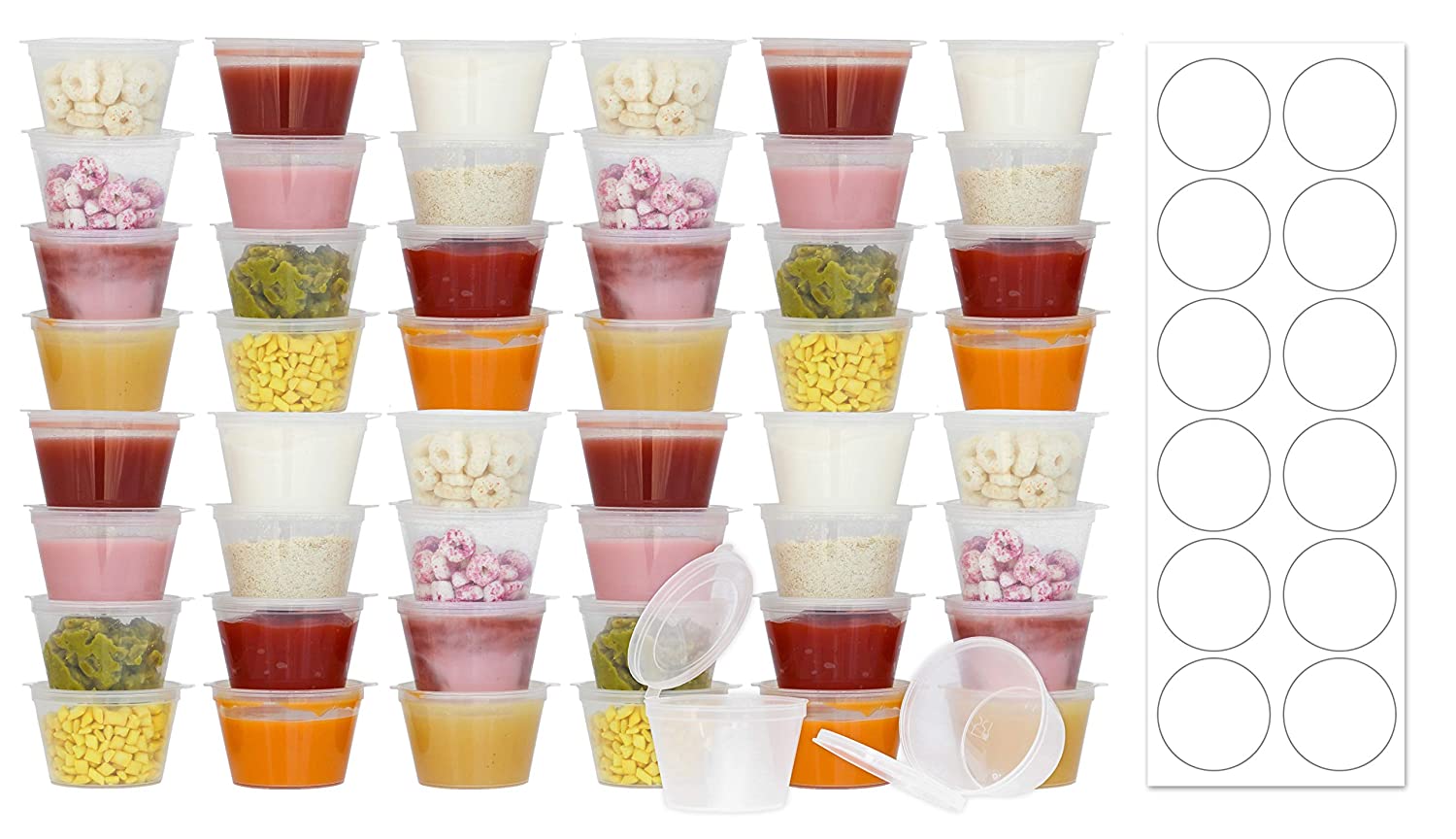 50 Pack BPA-Free Baby Food Freezer Storage Containers Hinged Lids (3 oz) Labels | Leak-Proof | Travel Snack Cups | Store Homemade, Organic Purees | Freezer Dishwasher Safe