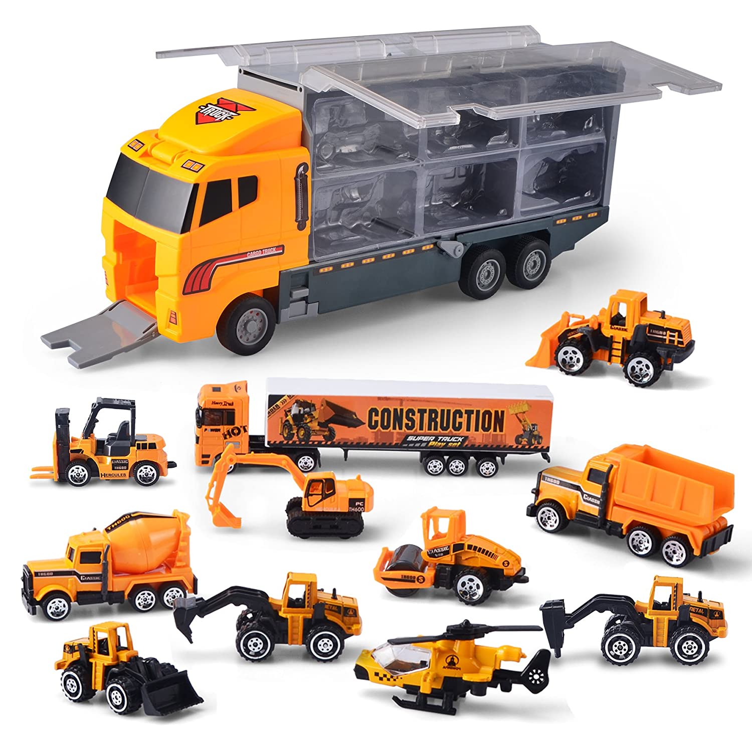 JOYIN 11 in 1 Die-cast Construction Truck Vehicle Car Toy Set Play Vehicles in Carrier Truck