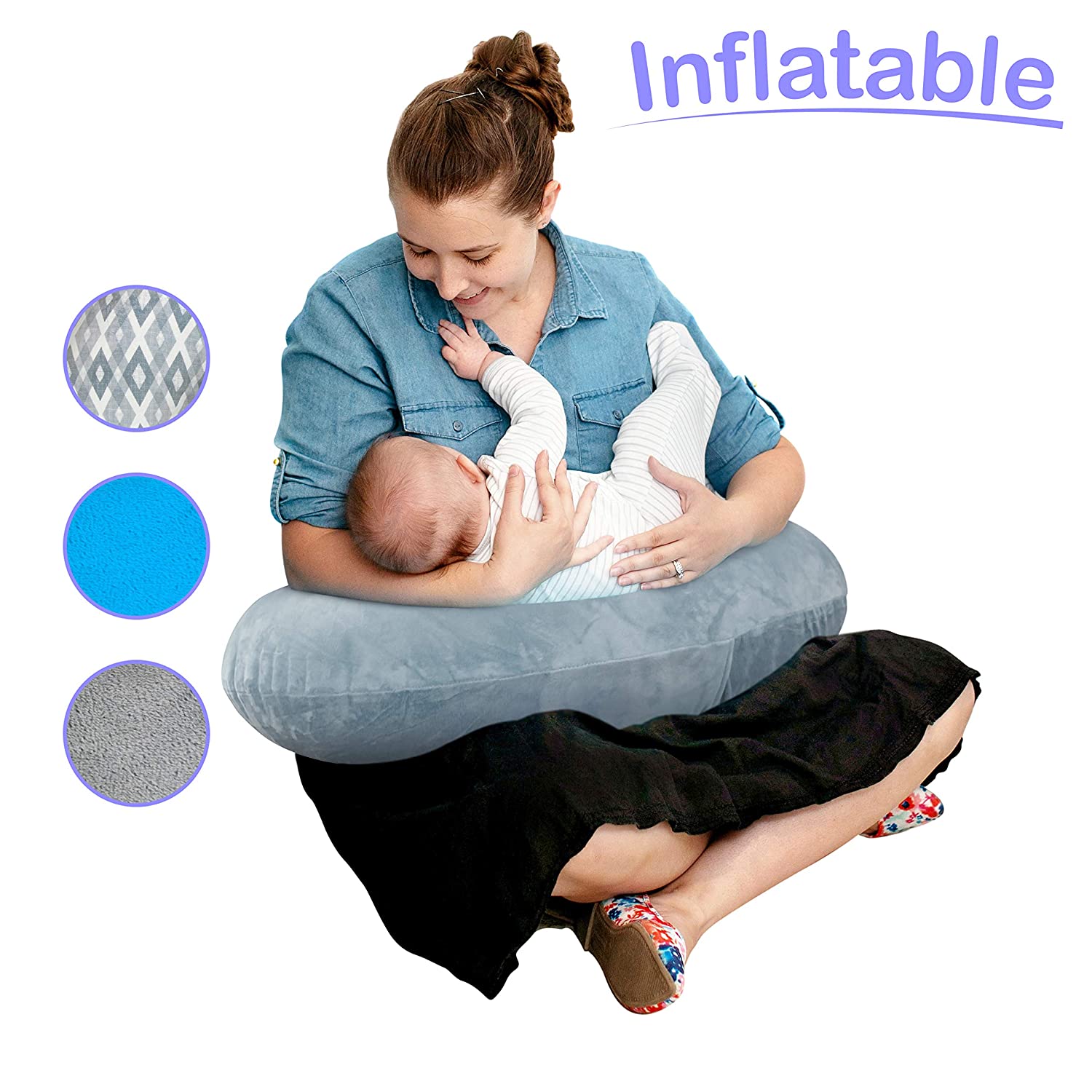 The Original Inflatable Nursing Pillow with Slipcover: Portable Breastfeeding Support Cushion with Removable Plush Minky Cover