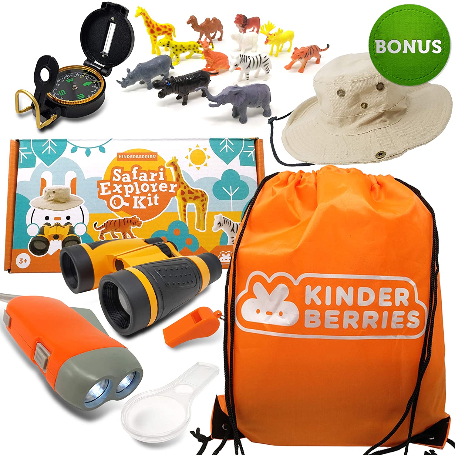 Kids Explorer Kit - Outdoor Binoculars , Animal Figurines , Hand Crank Flashlight , Safari Boonie Hat , Camping Gear , Magnifying Glass , Compass - Educational Toddler Toys for Kids