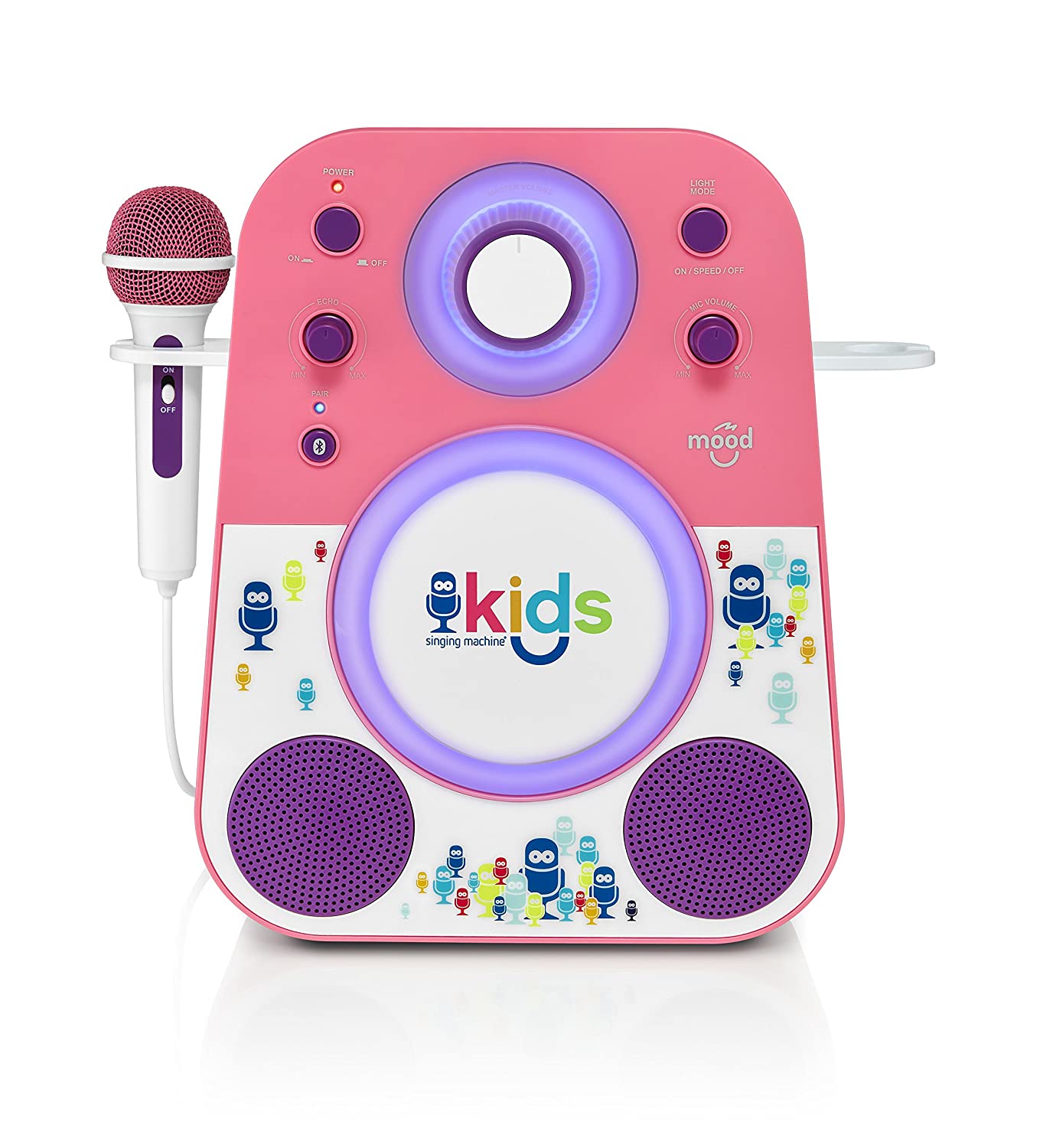 Singing Machine Kids Mood LED Glowing Bluetooth Sing-Along Speaker with Wired Youth Microphone Doubles as a Night Light