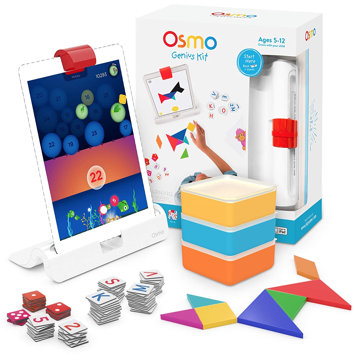 Osmo - Genius Kit for iPad - 5 Hands-On Learning Games - Ages 6-10 - Math, Spelling, Problem Solving & Creativity - STEM - (Osmo iPad Base Included)