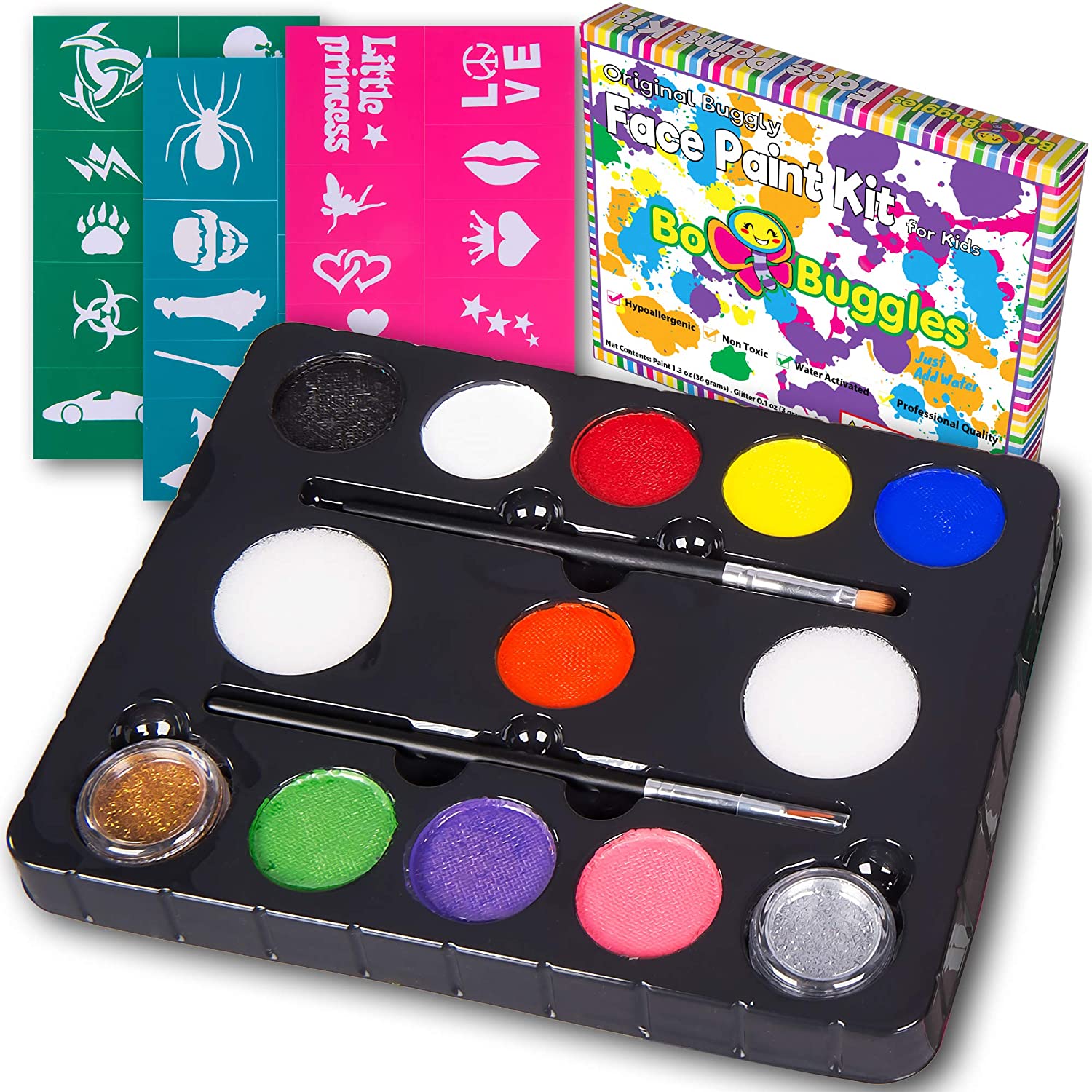 Bo Buggles Face Paint Kit with 30 Stencils, 9 Paints + 2 Glitters Original Buggly Kit for Kids