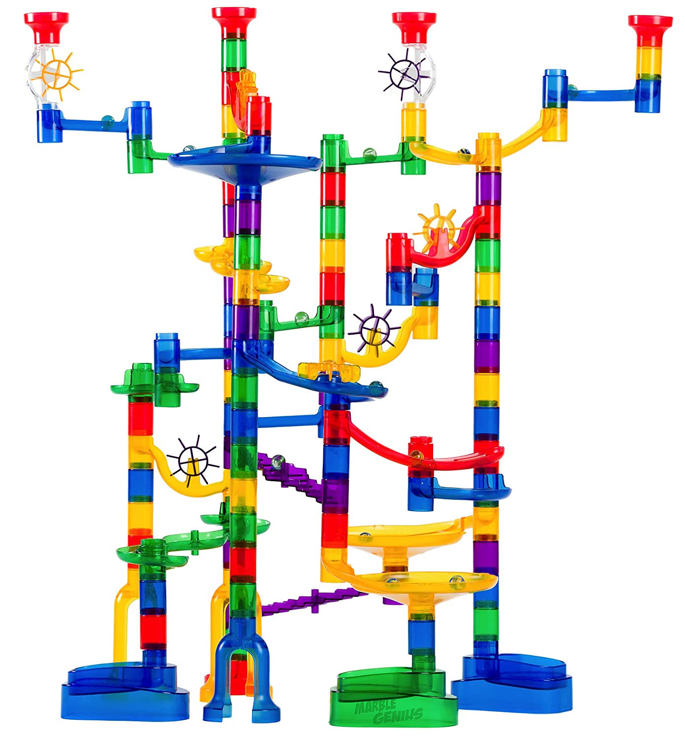 Marble Genius Marble Run Super Set - 100 Complete Pieces + Free Instruction App (85 Translucent Marbulous Pieces + 15 Glass Marbles)