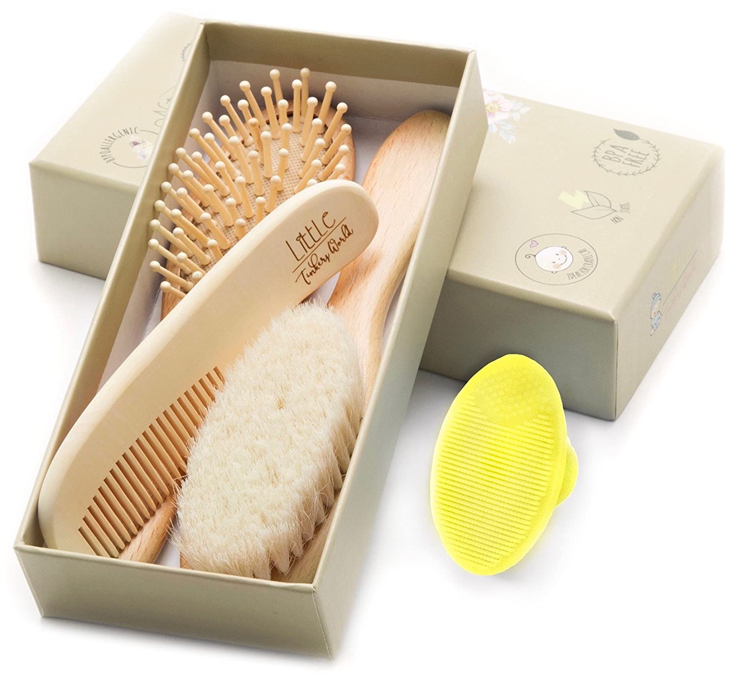Wooden Baby Hair Brush and Comb Set (4-Piece) for Newborns and Toddlers | Ideal for Baby Cradle Cap