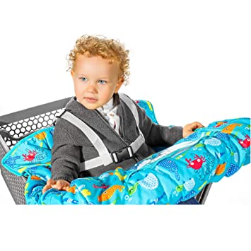 Shopping Cart Covers for Baby - Baby High Chair Cover - Toy Loops, Pockets, Bottle Strap and Fun Sea Pattern - Germ Protection Seat Cover for Baby Boys and Girls - Perfect Registry Baby Shower Gift