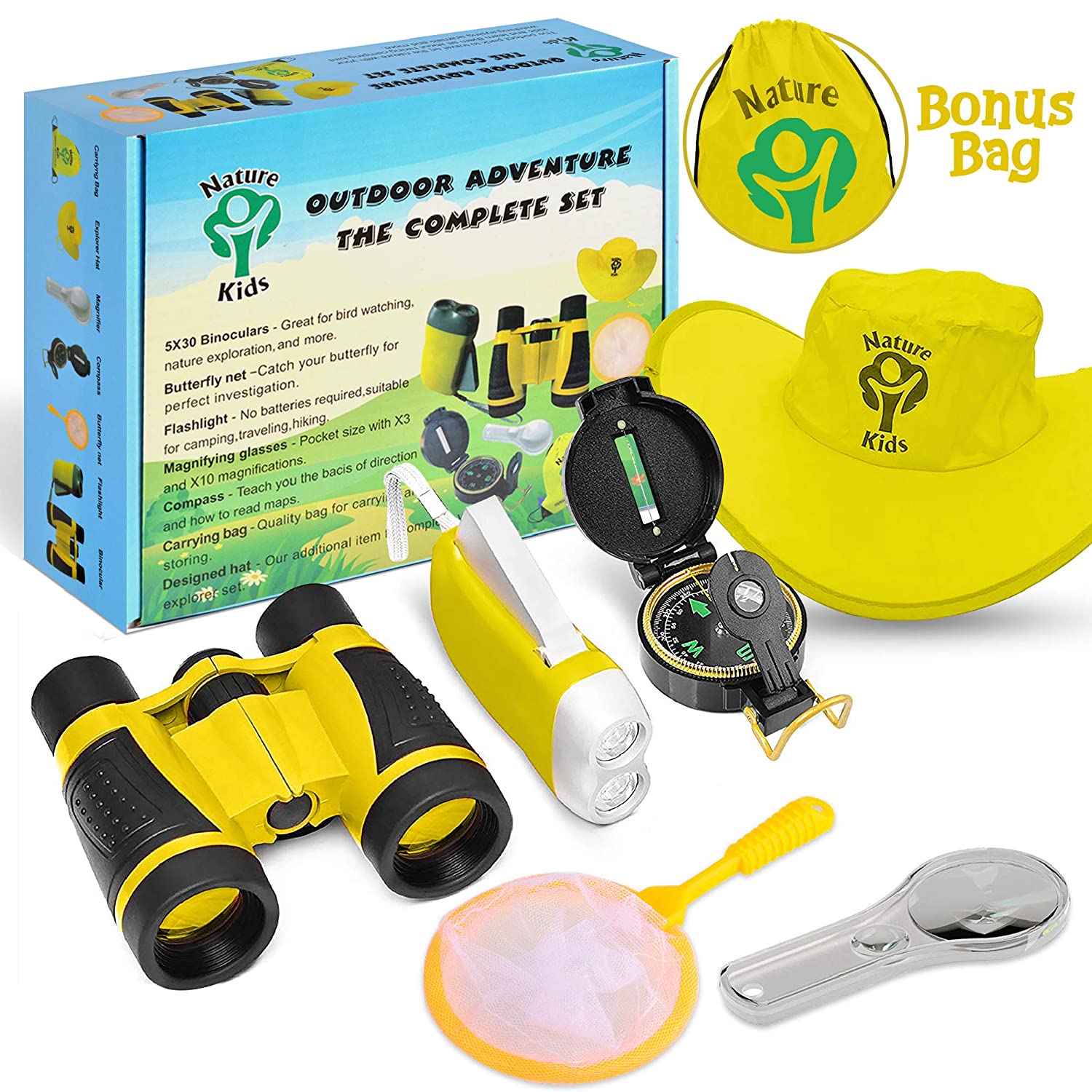 Adventure Kids - Outdoor Explorer Kit, Children Binoculars, Flashlight, Compass, Magnifying Glass, Butterfly Net & Backpack