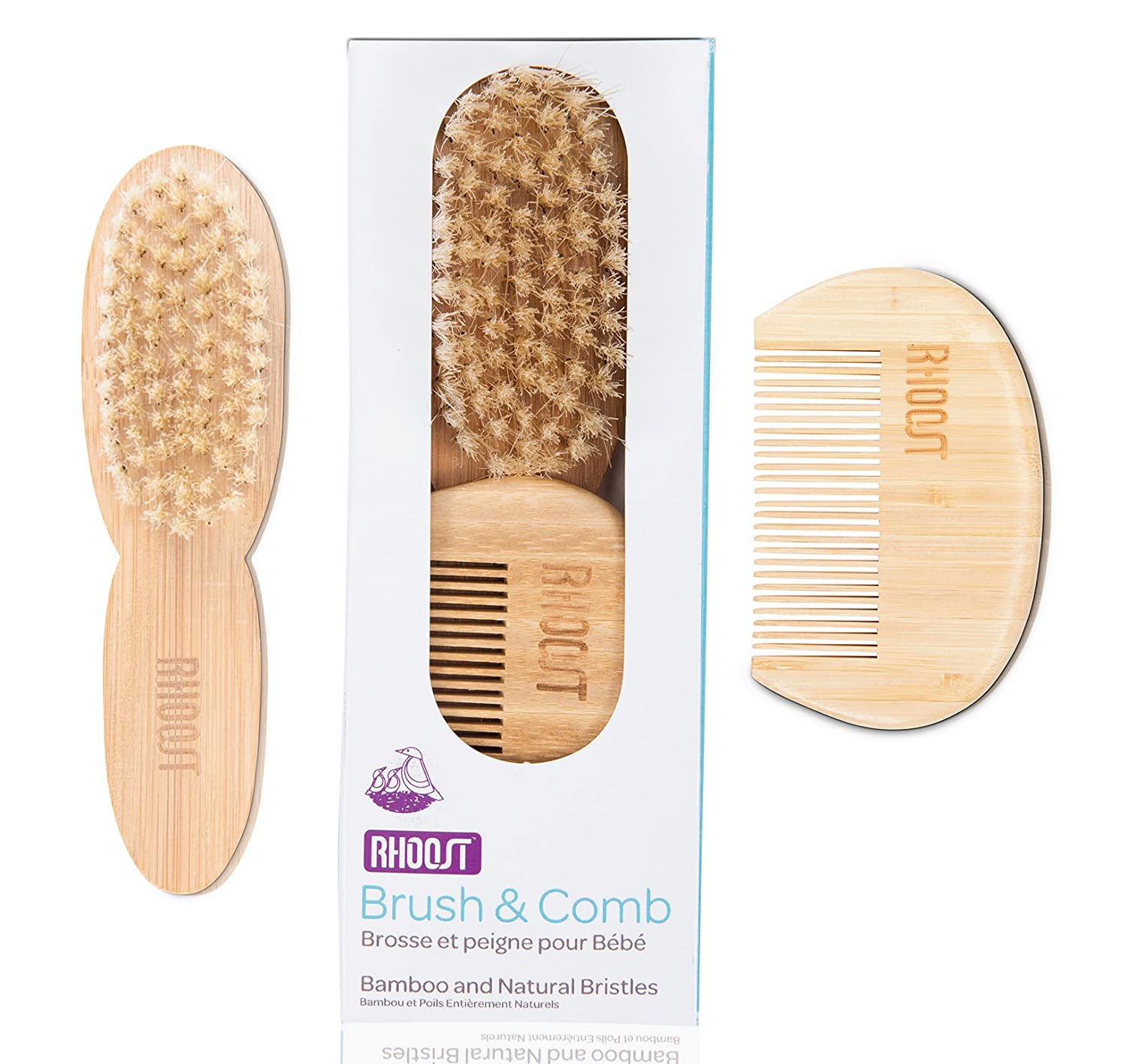 Rhoost Natural Bamboo Wooden Hair Brush and Comb Set. Suitable for Newborns, Infant & Toddlers