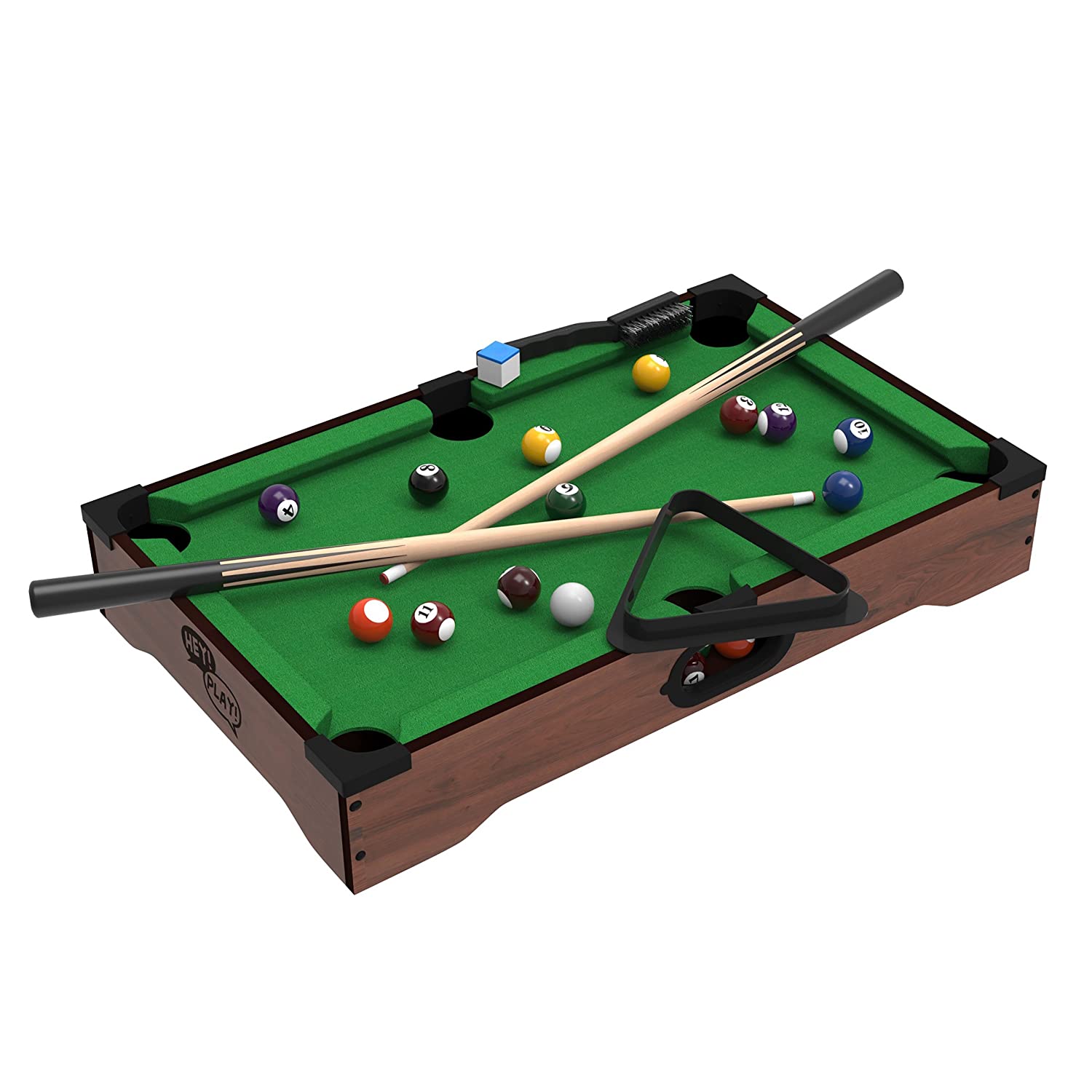 Mini Tabletop Pool Set- Billiards Game Includes Game Balls, Sticks, Chalk, Brush and Triangle