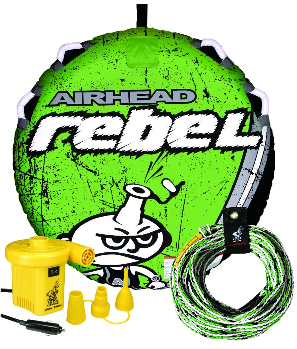 Airhead Rebel 54 Inch 1 Person Durable Red Towable Tube Kit w/Rope and 12V Pump