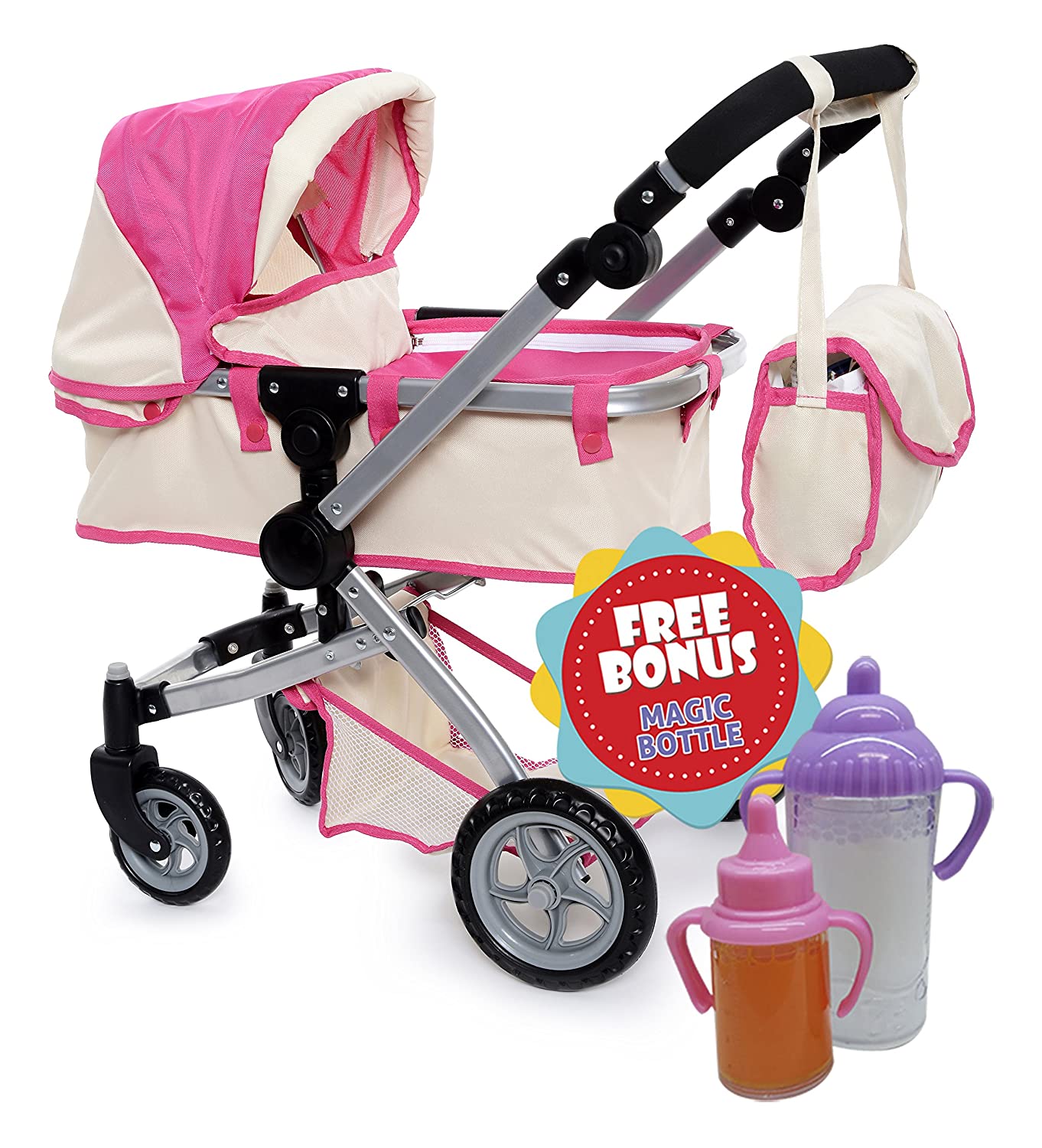 Doll Pram stroller with Swiveling Wheels & Adjustable Handle and Free Diaper Bag