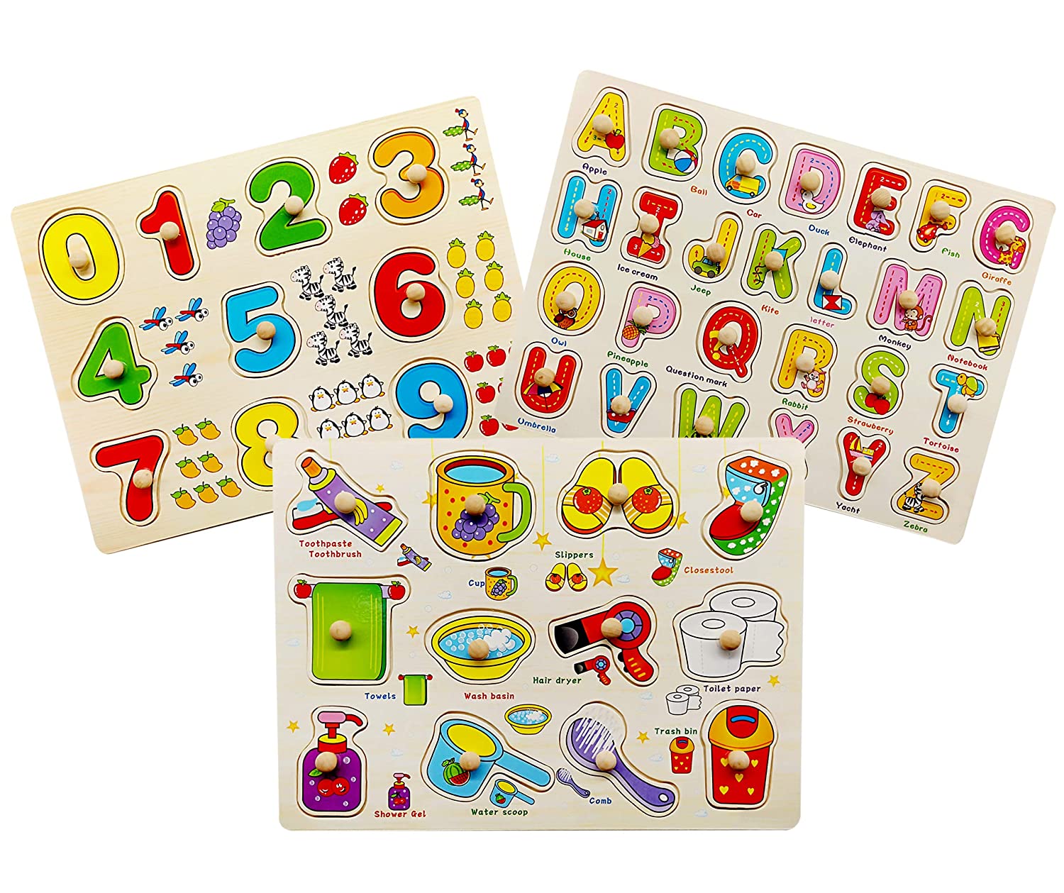 Toddler Puzzles Wooden Peg Puzzles for Toddlers 2 3 4 5 Years Old (Set of 3)
