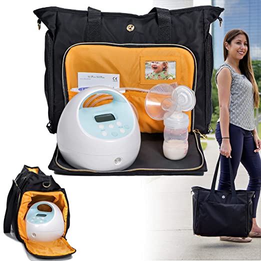 Zohzo Lauren Breast Pump Bag - Portable Tote Bag Great for Travel or Storage - Includes Padded Laptop Sleeve - Fits Most Major Pumps Including Medela and Spectra Breastpump (Black)