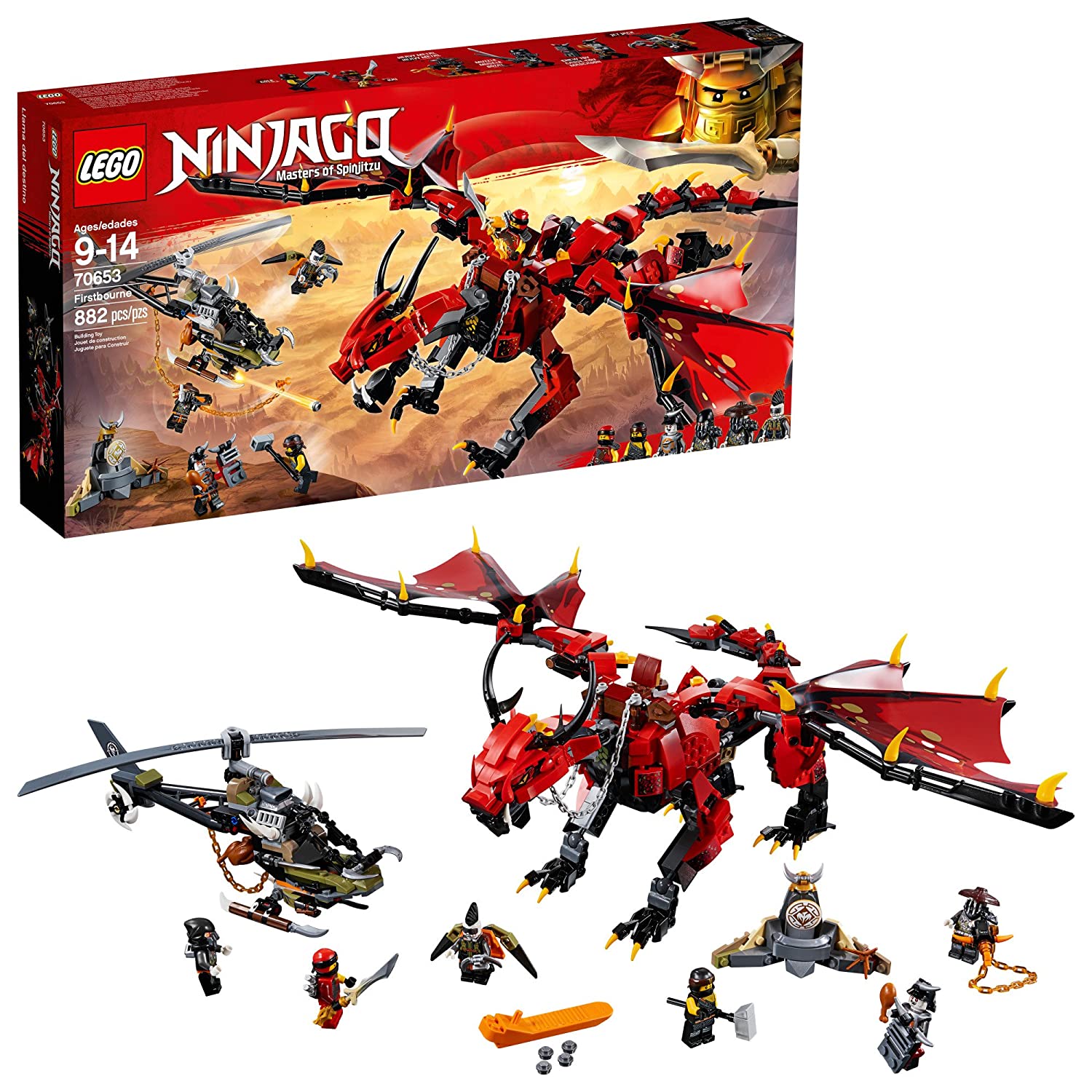 LEGO NINJAGO Masters of Spinjitzu: Firstbourne 70653 Ninja Toy Building Kit with Red Dragon Figure, Minifigures and a Helicopter (882 Pieces)