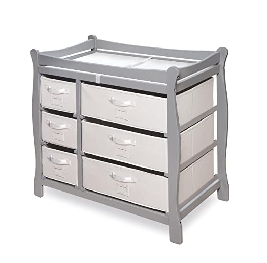 Sleigh Style Baby Changing Table with 6 Storage Baskets and Pad